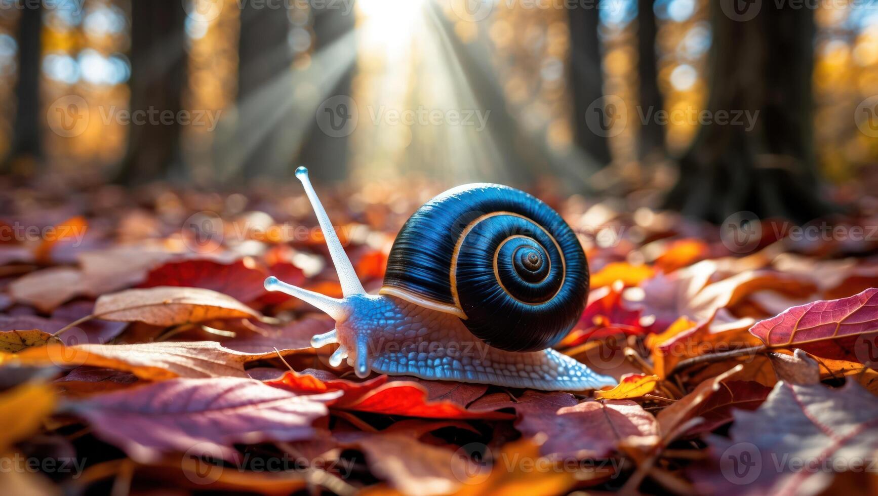 Snail Crawling Through Fallen Leaves in a Forest with Sunlight photo
