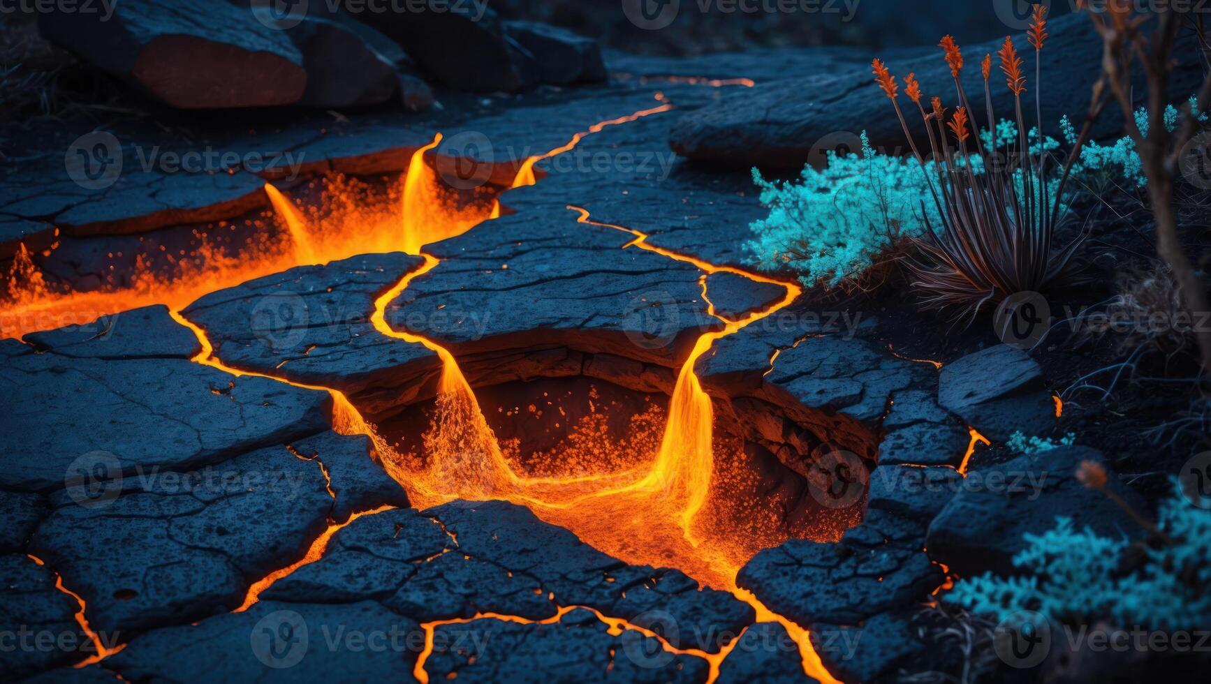 Molten Rock Flowing Through Cracks in Ground with Desert Vegetation photo
