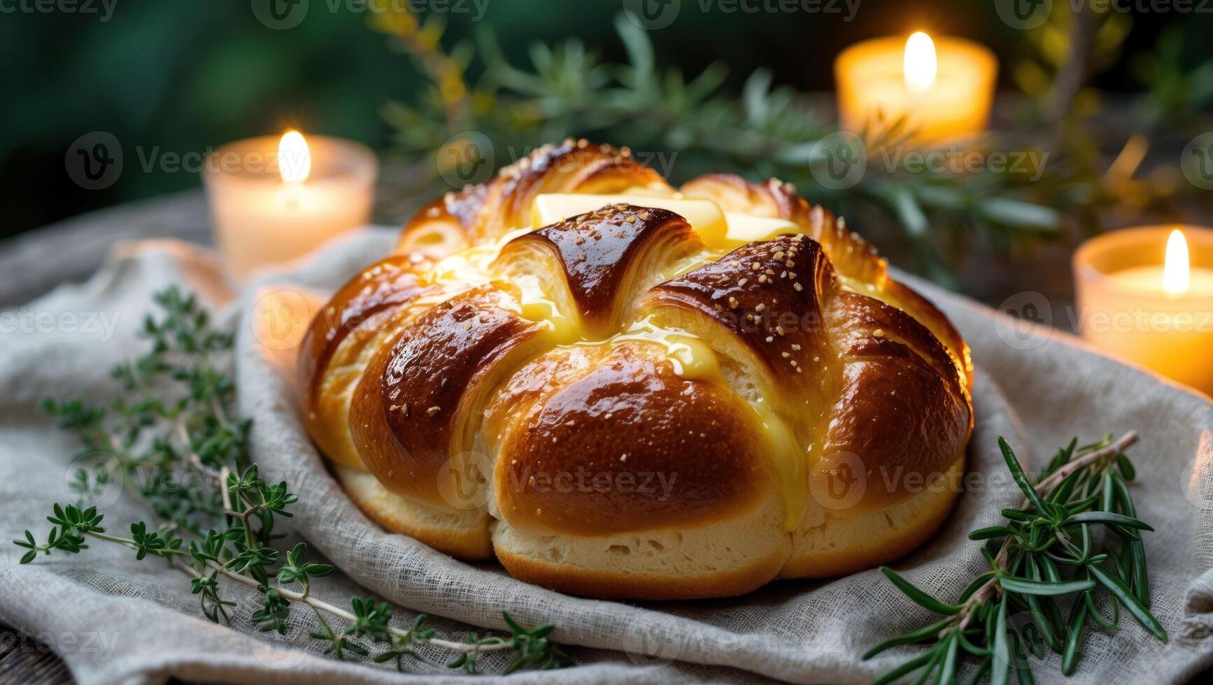 Delicious Baked Bread with Melted Topping Served with Candles and Herbs photo
