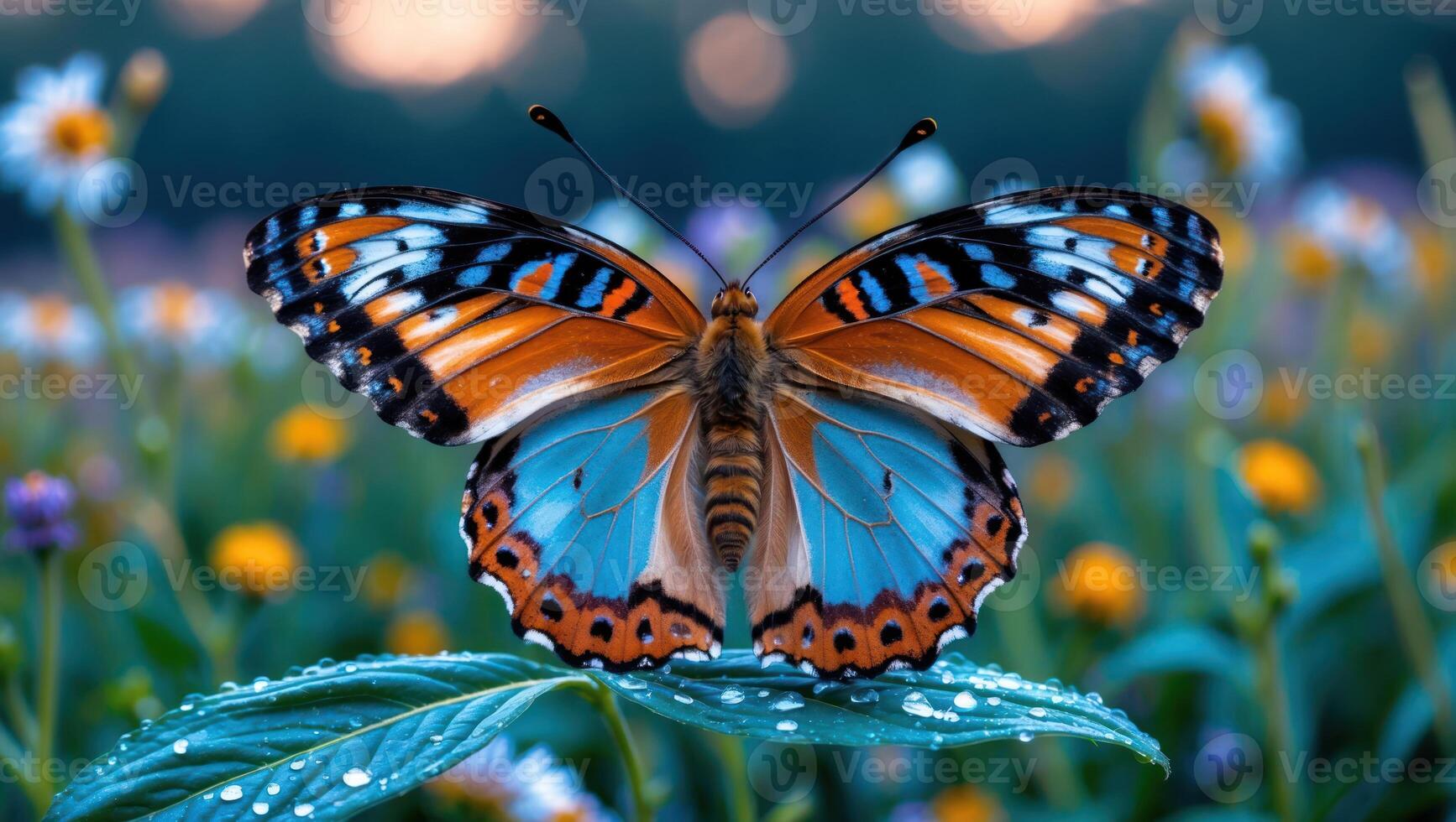 Butterfly with Colorful Wings Resting on Leaf in Flower Meadow photo
