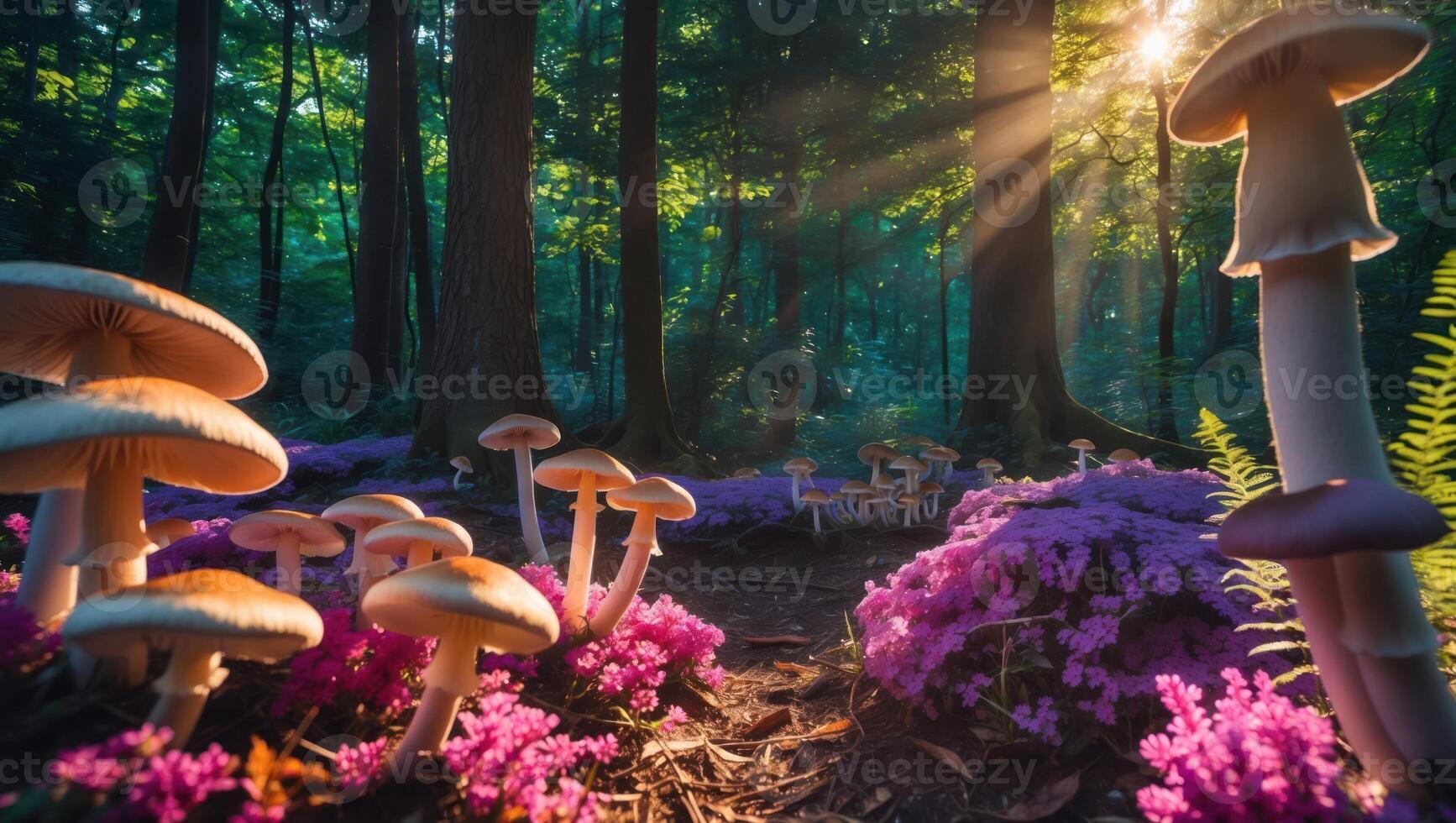 Enchanting Mushroom Grove with Pink Flowers and Sunlight Streaming Through Trees photo