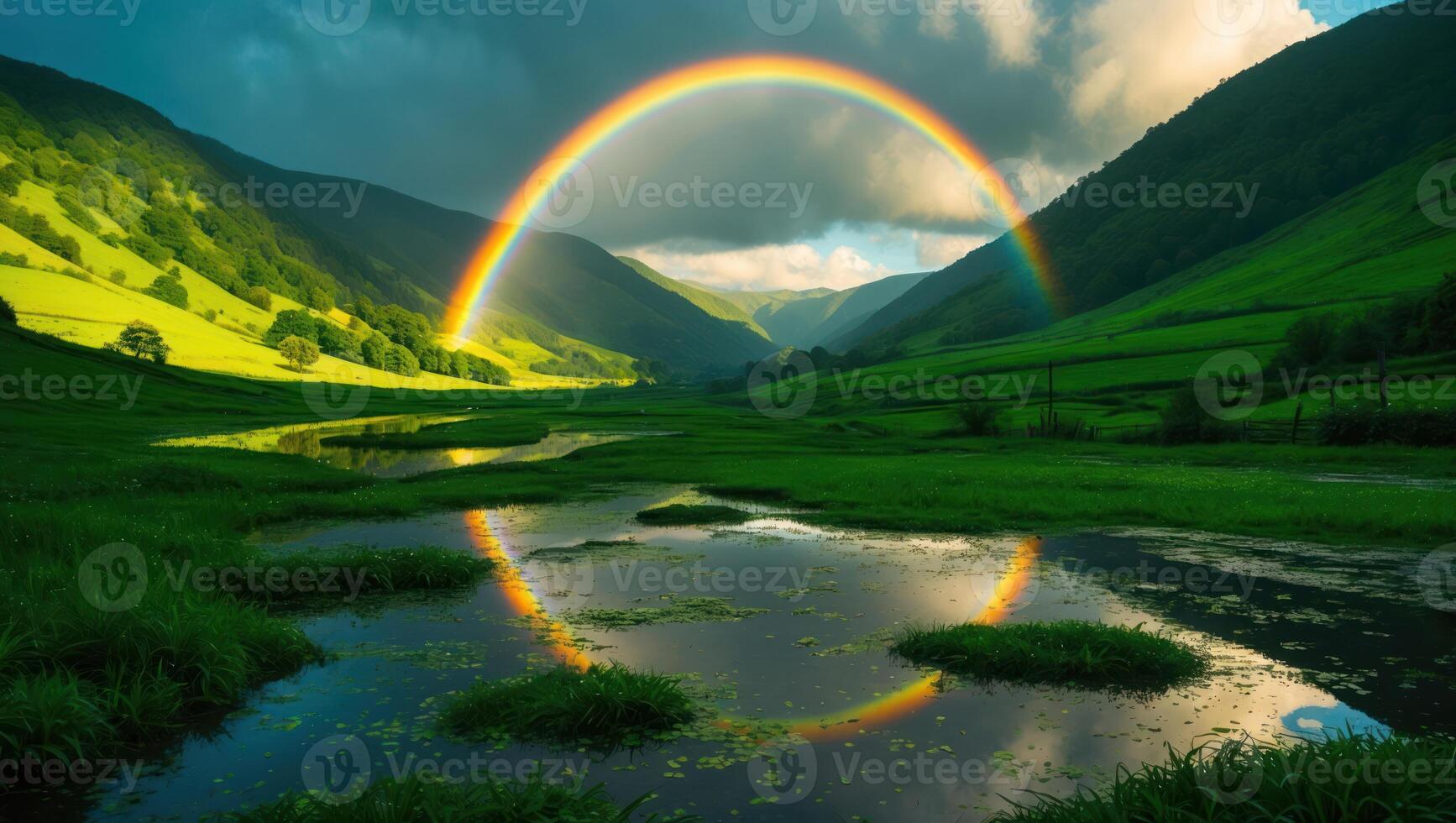 Rainbow Over Valley with Lush Green Meadow and Water Reflection photo