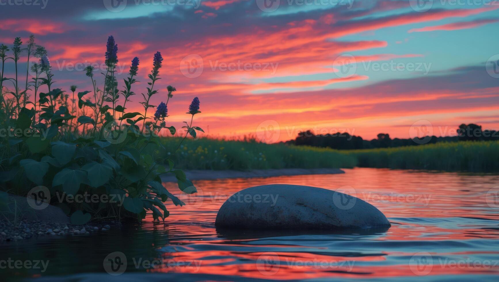 Rock Sits in Calm Water Reflecting Vibrant Sunset with Colorful Sky photo