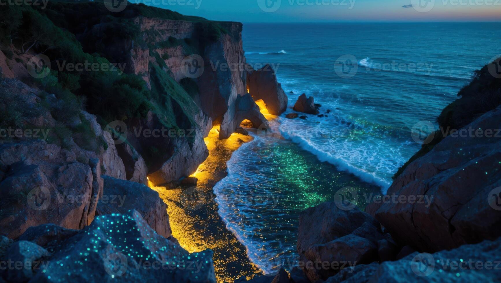 Ocean Waves Crashing on Rocky Shoreline Glowing with Bioluminescence at Night photo