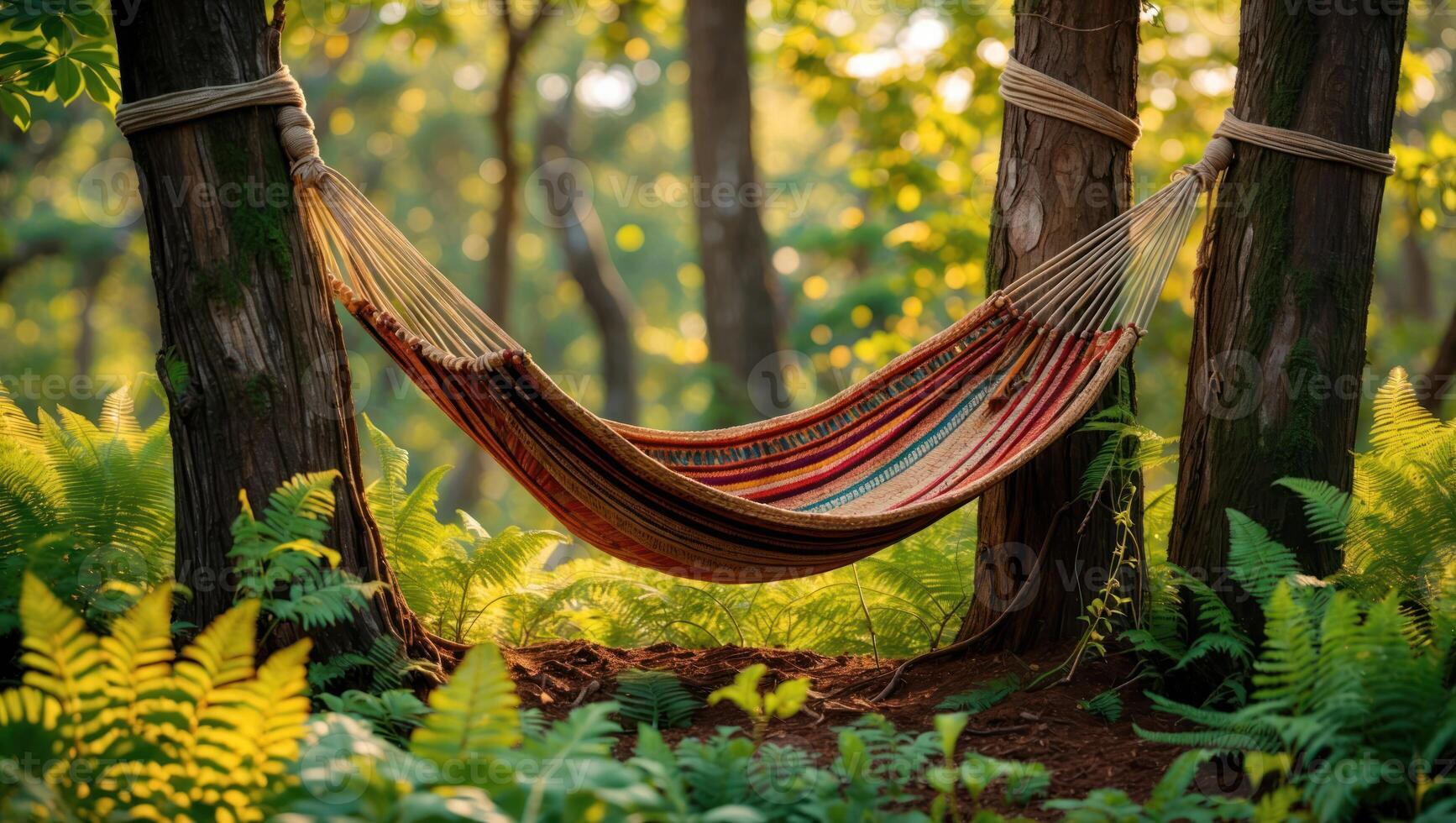 Hammock Relaxing in Forest with Lush Ferns and Sunlight photo