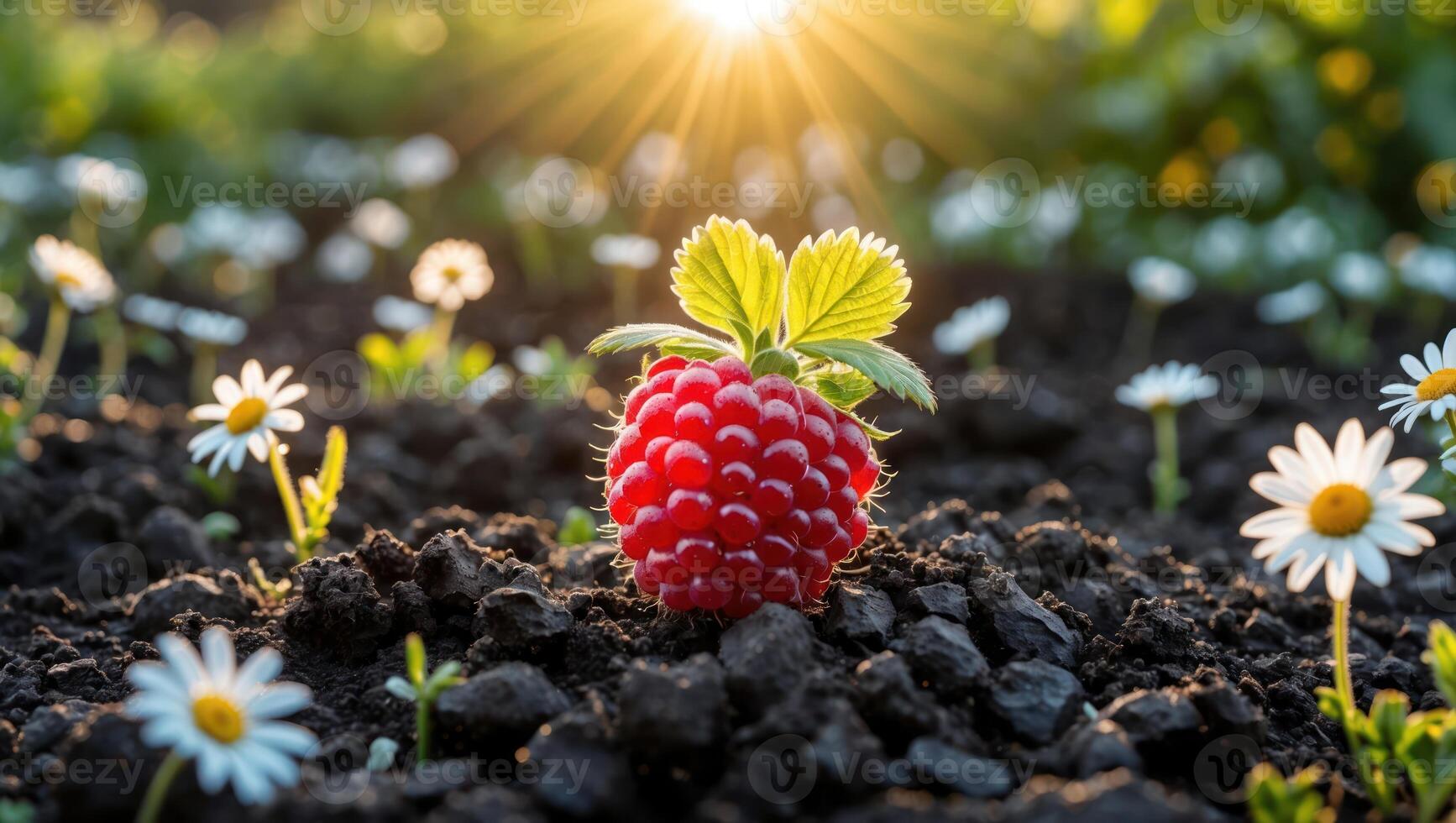 Raspberry Growing in Garden with Daisy Flowers and Sunlit Background photo
