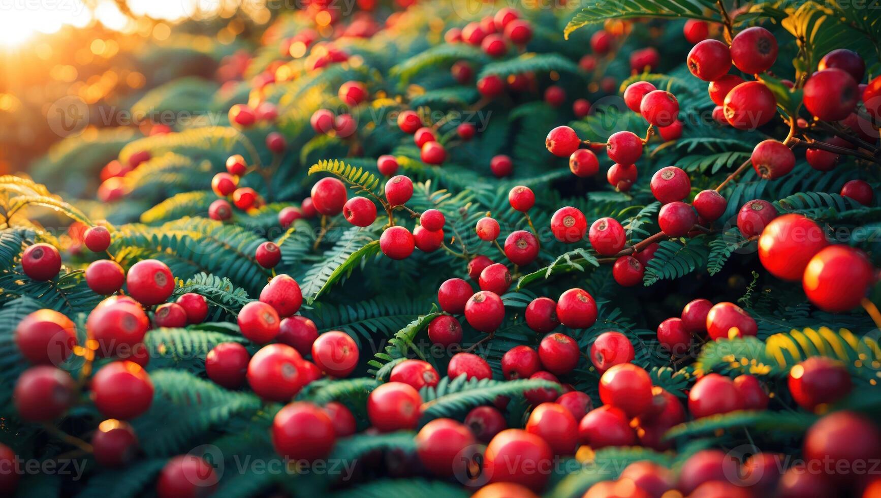 Red Berries on Green Foliage Catching Warm Sunlight in a Garden photo