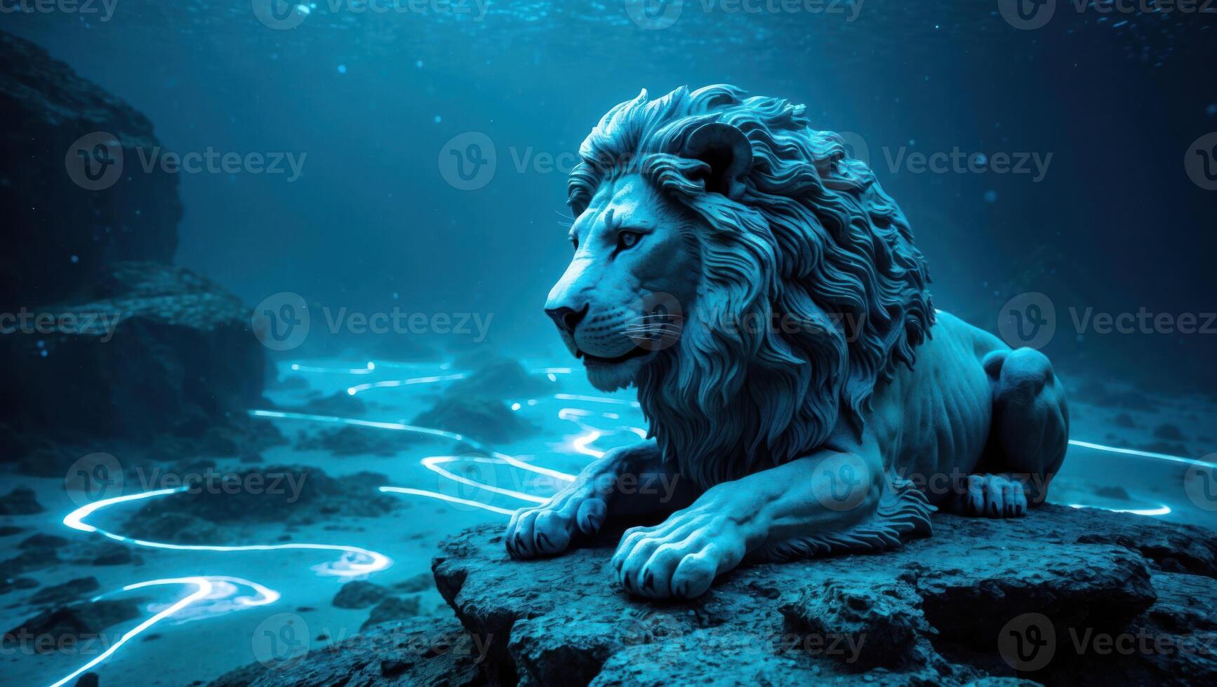 Lion Statue Lounging Underwater with Abstract Light Patterns and Marine Environment photo