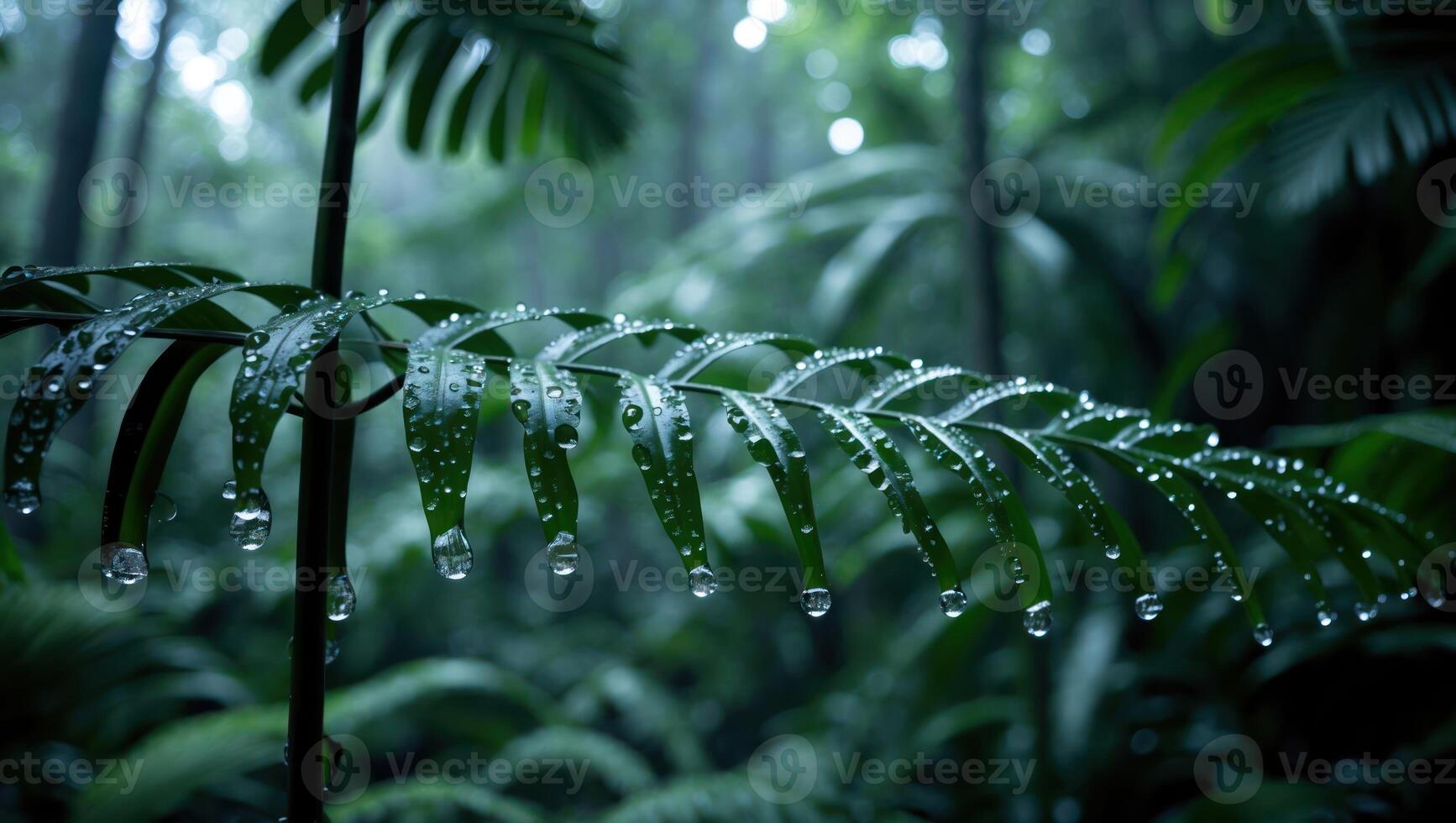 Leaf with Water Droplets in Lush Green Forest After Rain photo