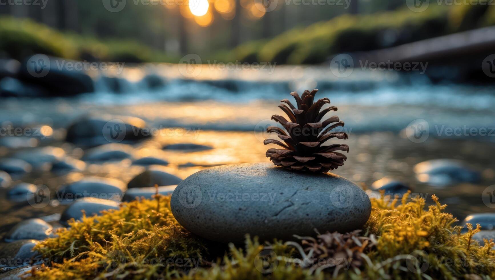 Pine Cone Resting on Stone by Creek at Sunset in Forest photo