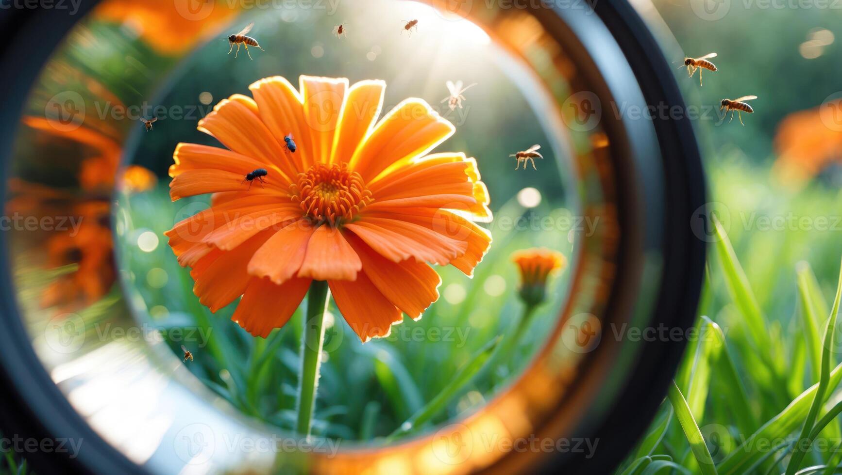 Orange Flower Viewed Through Lens with Insects Flying Around in Sunlight photo