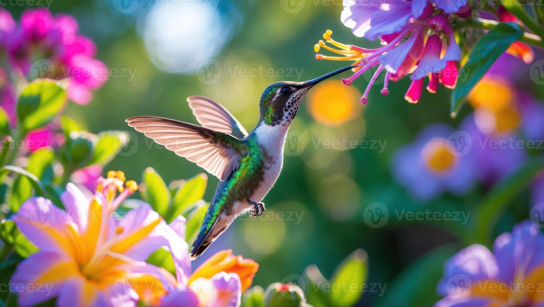 Hummingbird Flying Near Colorful Flowers Seeking Nectar in a Garden photo