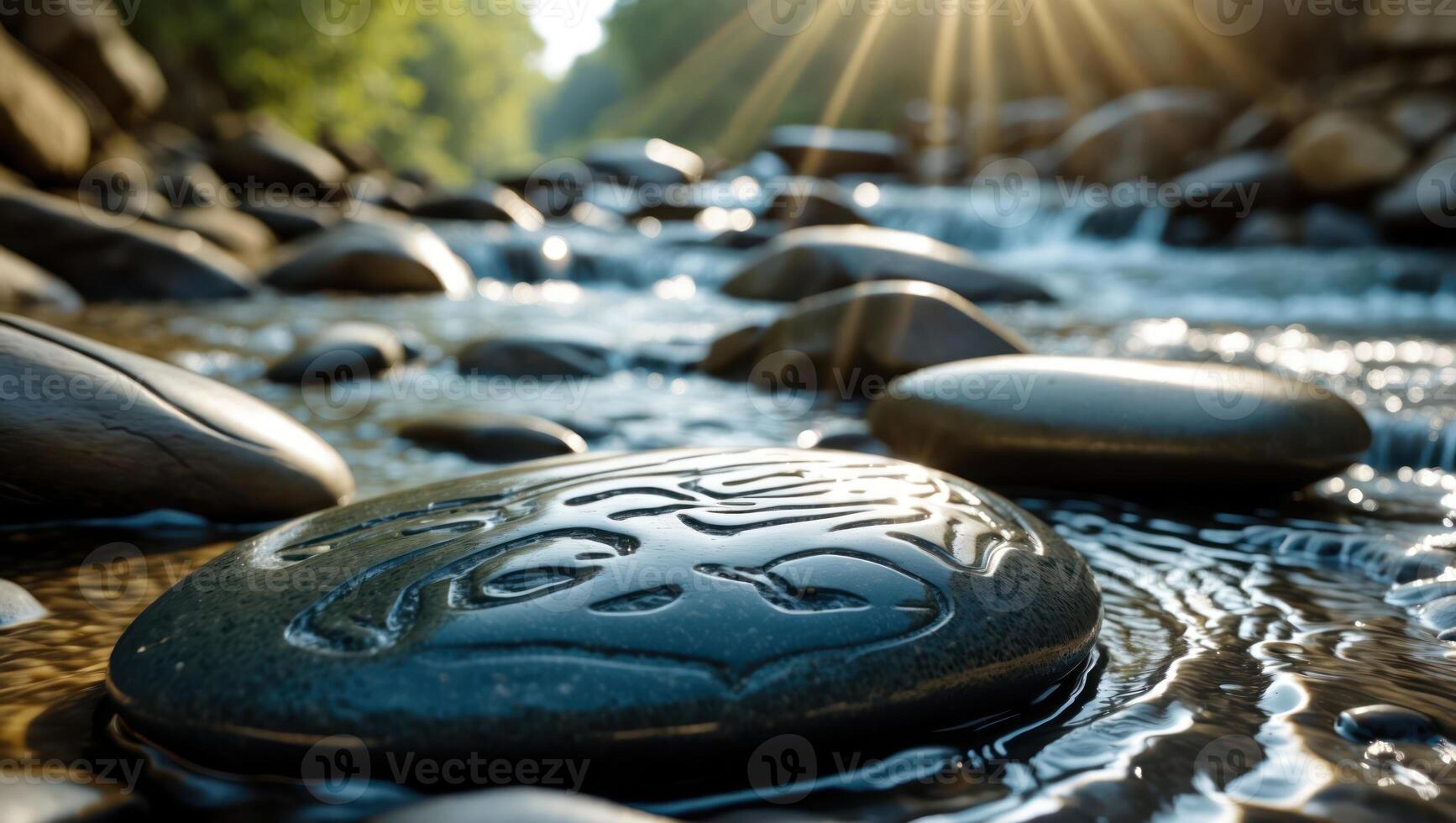 Engraved River Stone Resting in Flowing Water with Sunlight photo