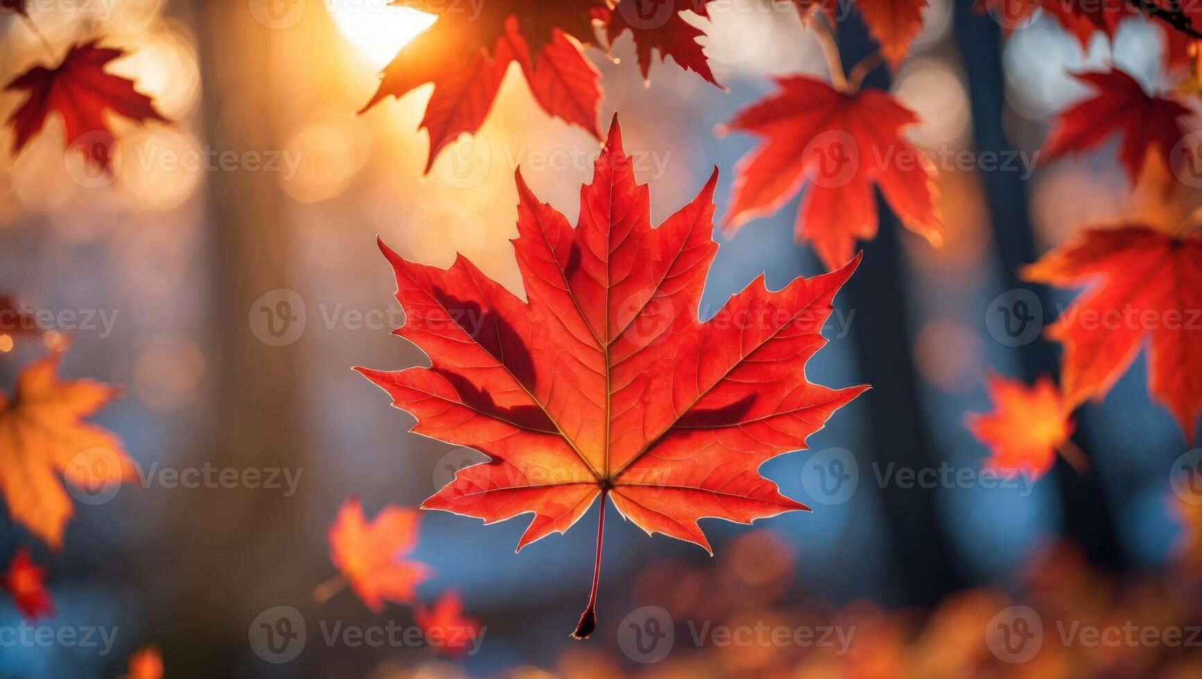 Falling Maple Leaf Against Sunlight in Autumn Forest Scenery photo