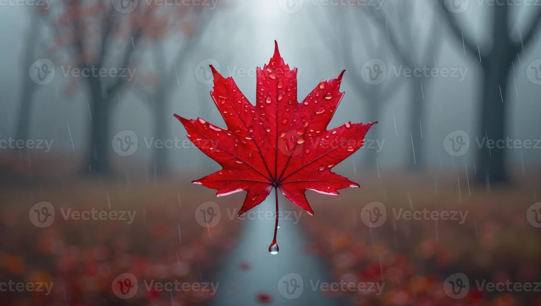 Red Leaf with Raindrops on a Foggy Path in Autumn photo