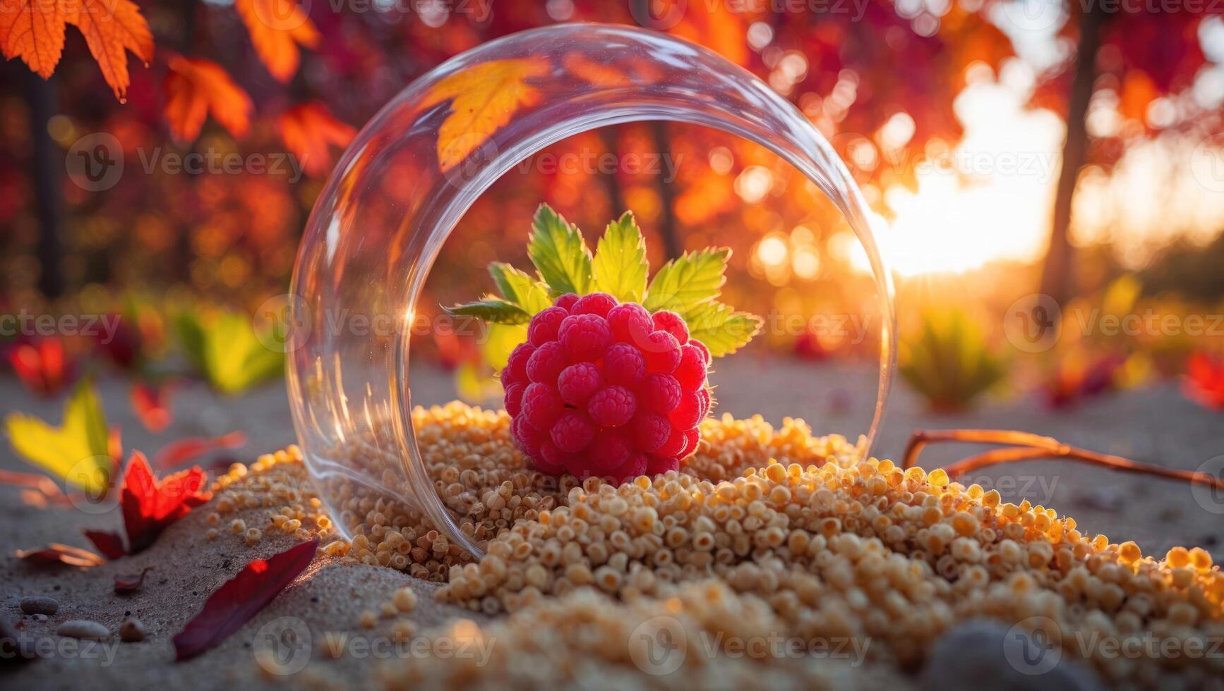 Raspberry Inside Glass Orb Resting on Seeds with Autumn Leaves photo