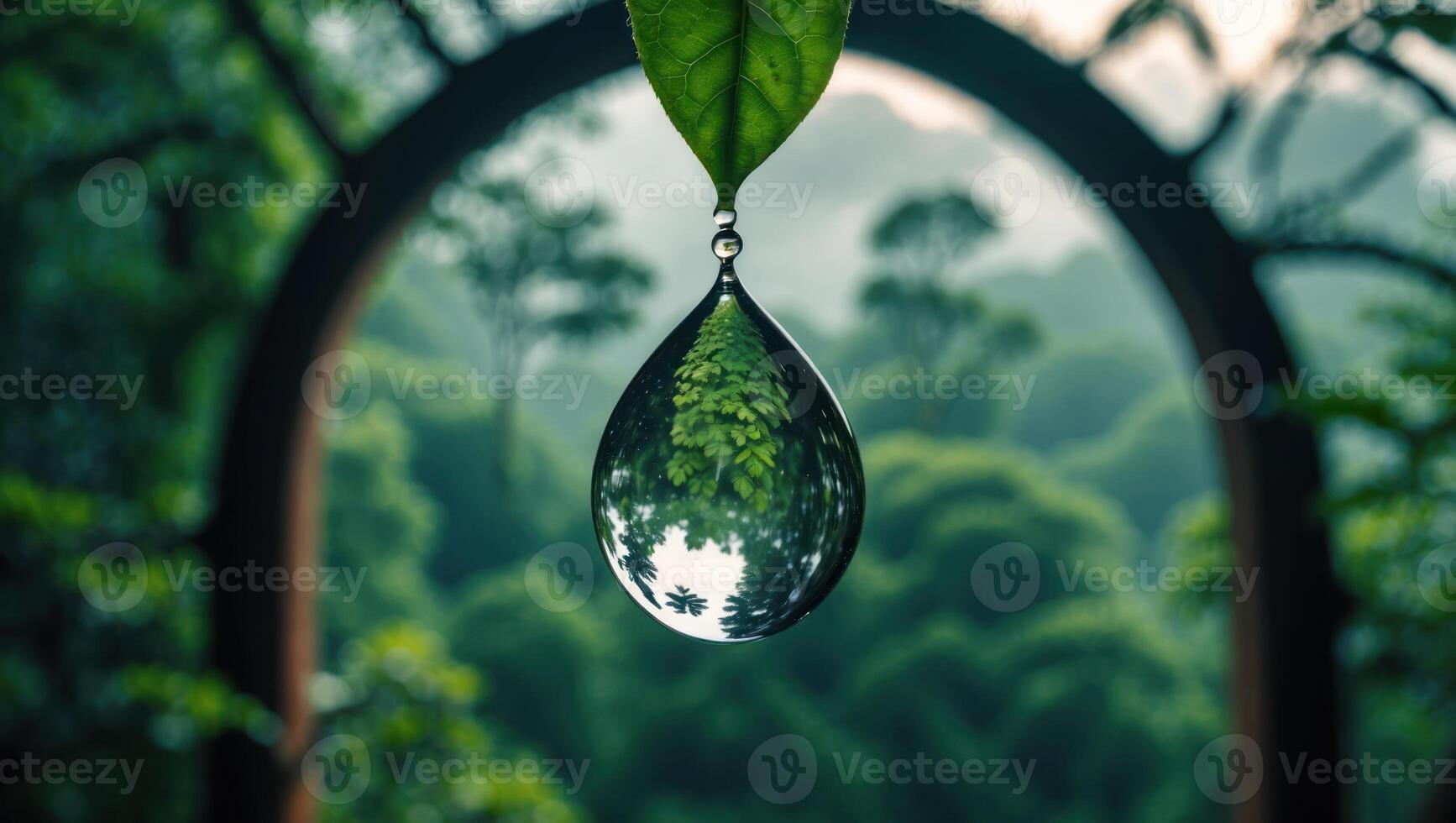 Water Drop Hanging From Leaf Reflects Forest Background Scenery photo