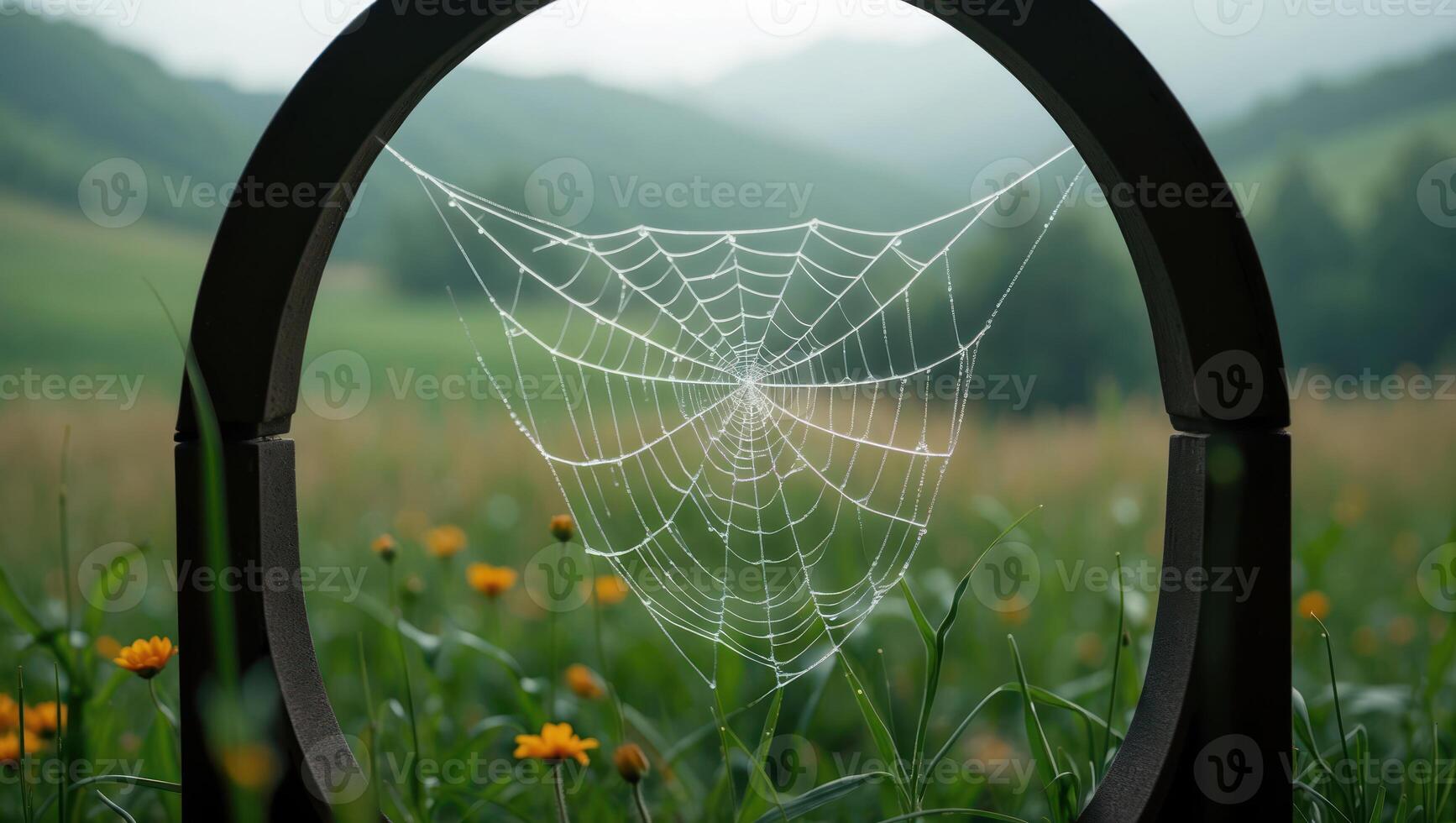 Spiderweb Hanging in Circle with Water Droplets in Meadow Landscape photo