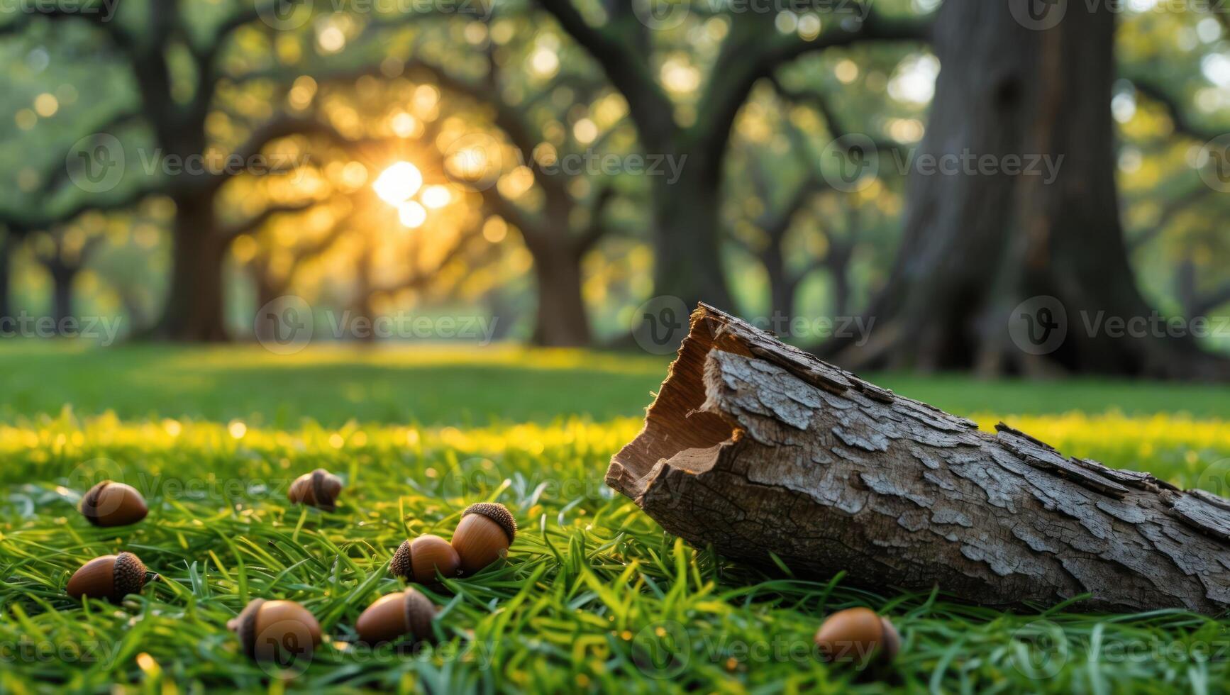 Acorns and Log on Green Grass with Sunlight Shining Through Trees photo