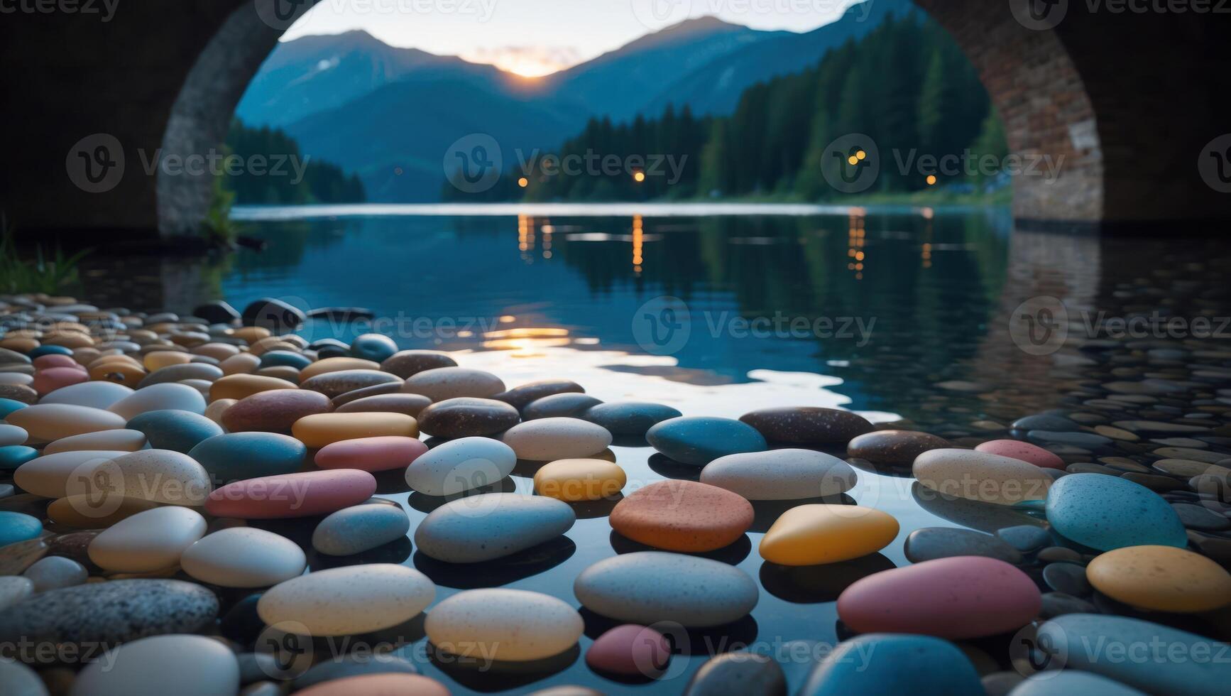 Colorful Stones by Calm Lake Reflecting Mountains and Glowing Sunset photo