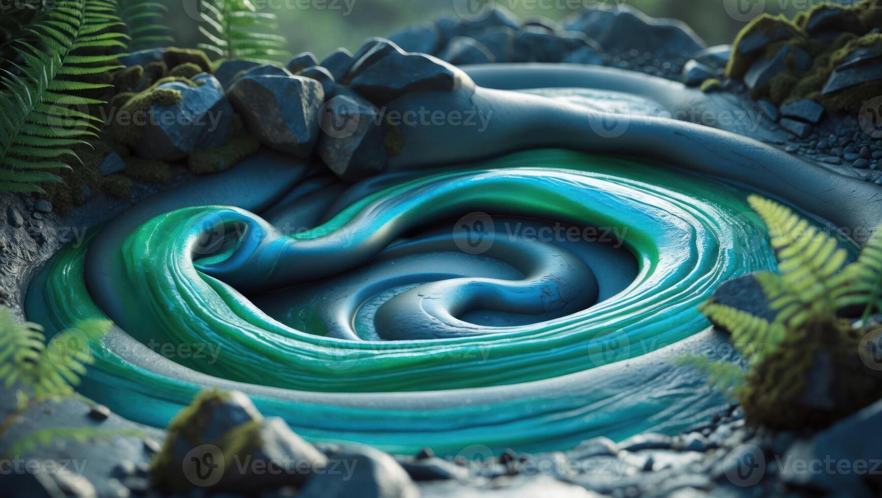 Swirling Green and Blue Liquid Pool with Rocks and Ferns photo