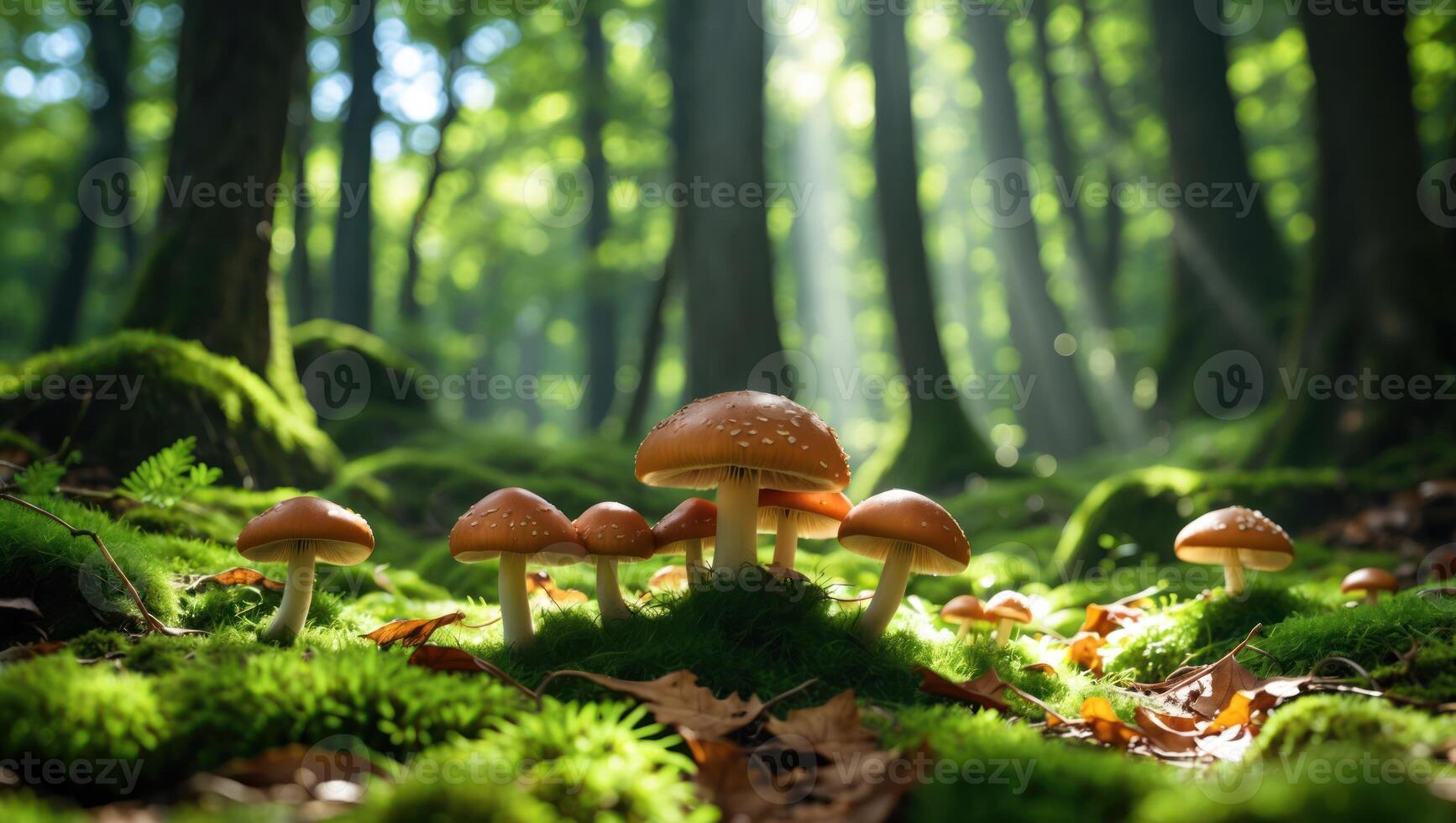 Mushrooms Growing on Forest Floor with Sunlight Streaming Through Trees photo