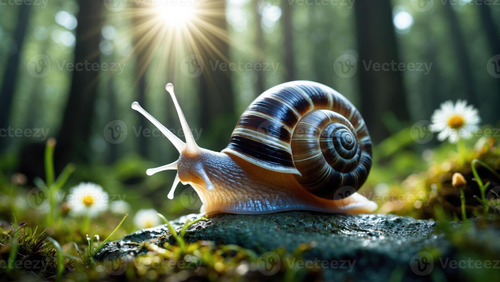Snail Crawling on Stone in Forest with Sunlight Through Trees photo