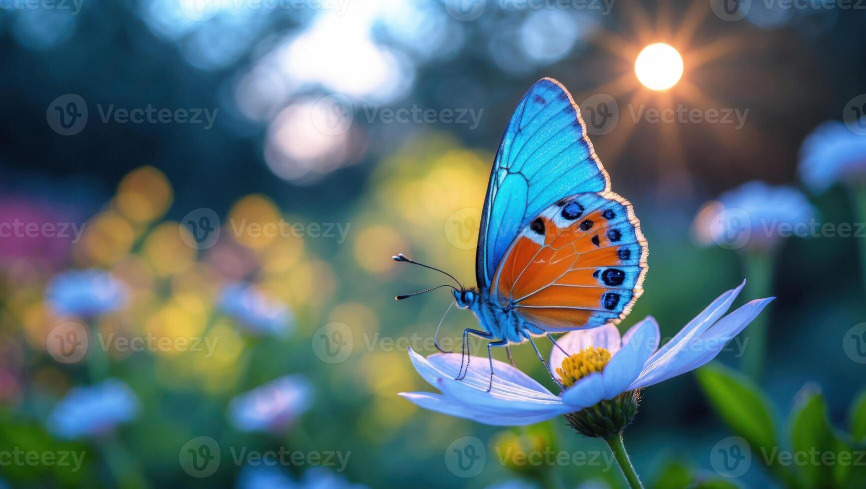 Butterfly Resting on a Flower with Blurred Background at Sunset photo