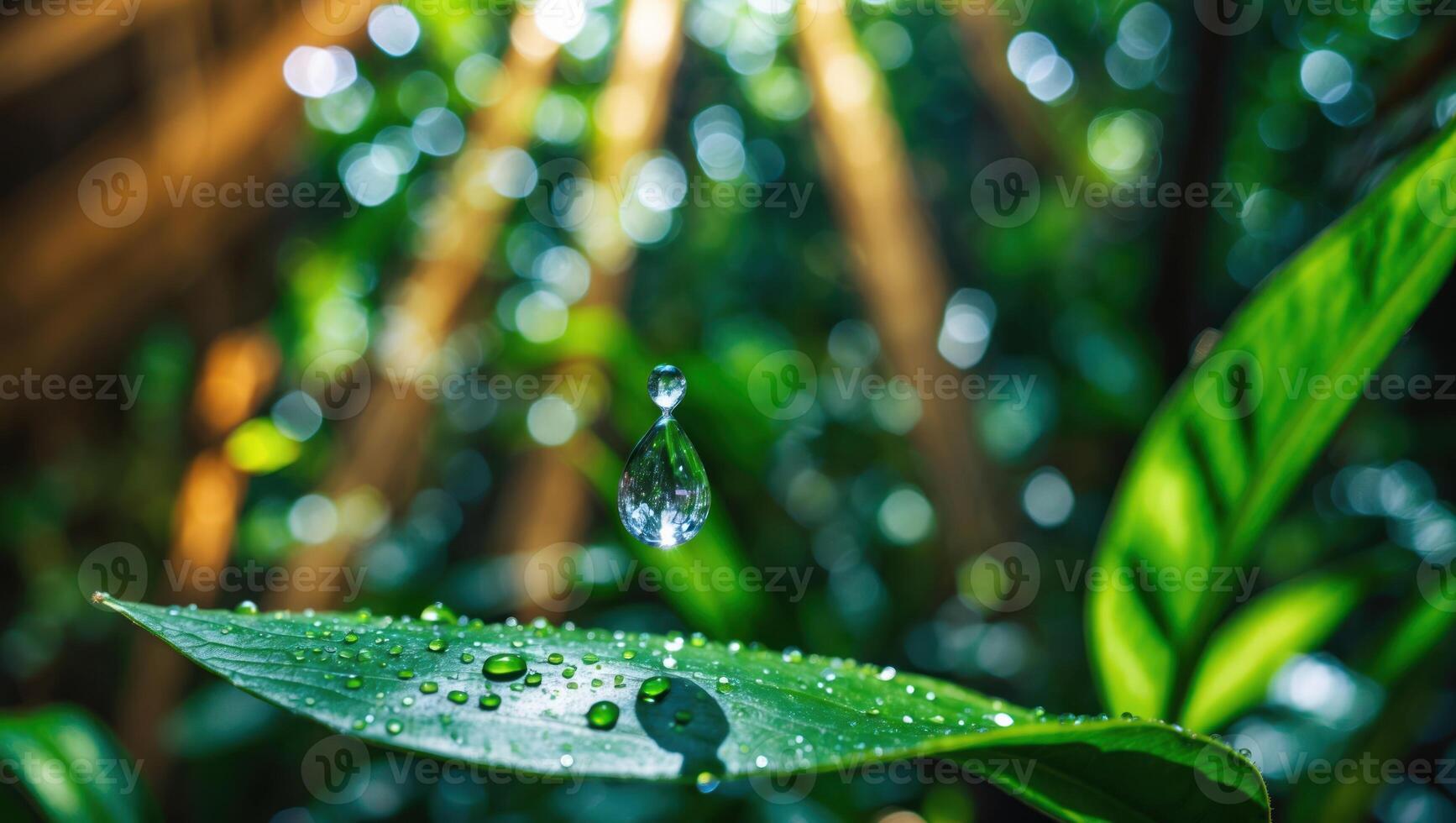 Water Drop Falling on Green Leaf with Sunlight and Bokeh Effect photo