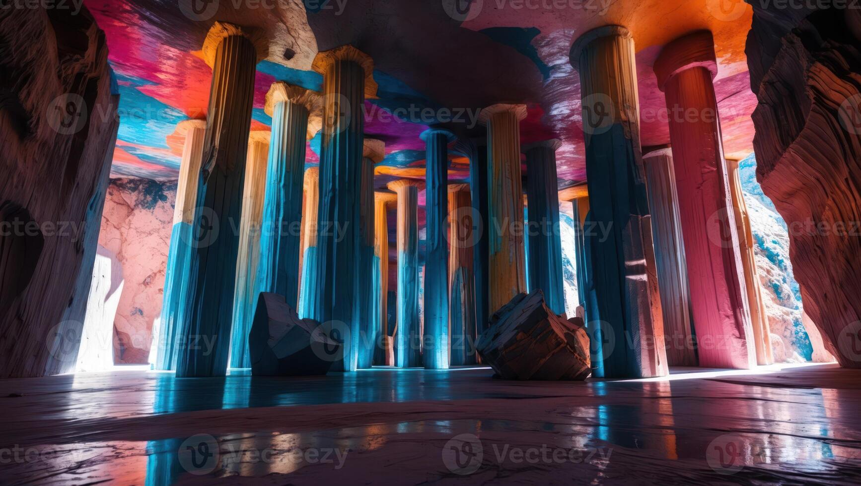 Abstract Rock Cave Interior with Column Formations and Colorful Lighting photo