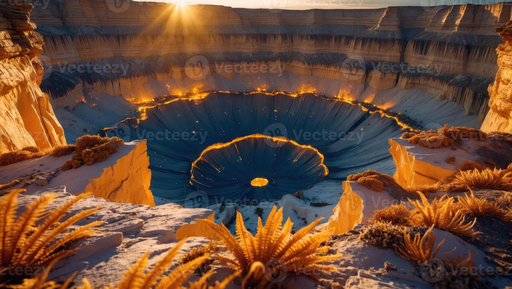 Canyon Landscape with Unique Hole Features and Warm Sunset Lighting photo