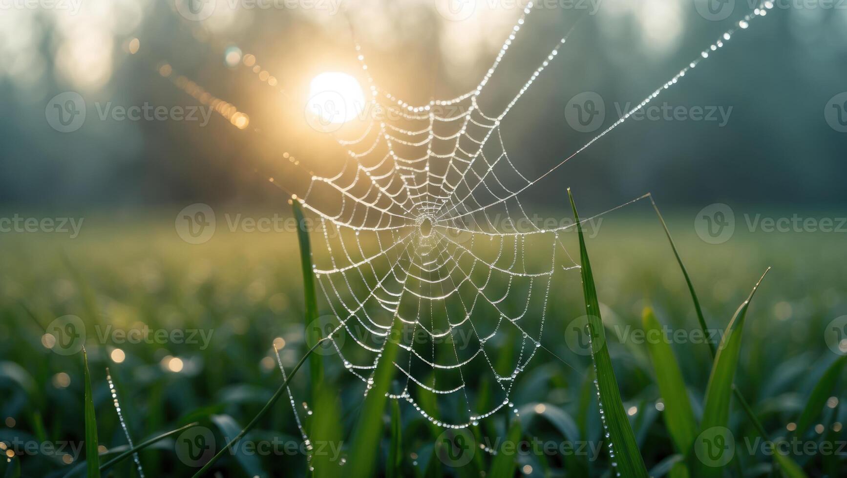 Spiderweb in Meadow at Sunrise with Dew Drops and Soft Light photo