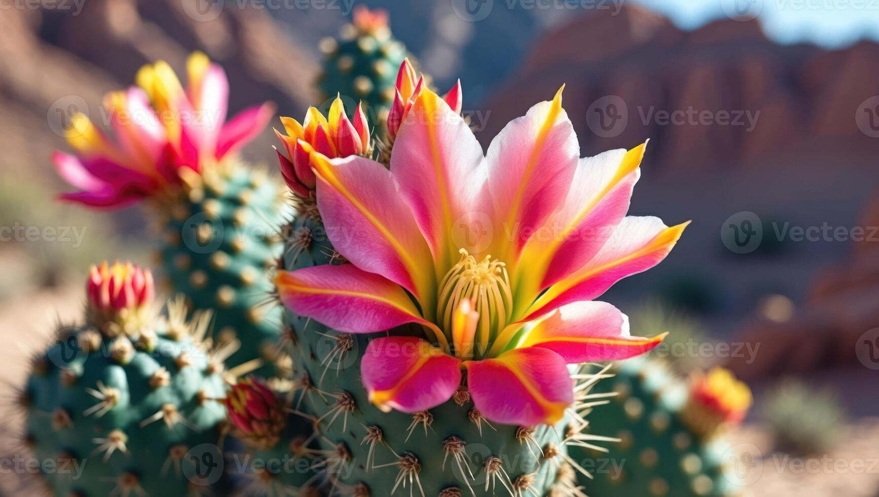Flowering Cactus Plant in Desert Landscape with Bright Pink Flowers photo