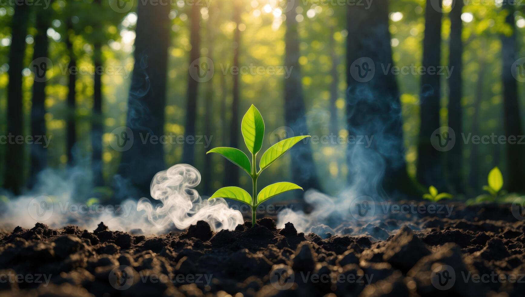 Sprout Growing in Soil with Forest and Sunlight in Background photo