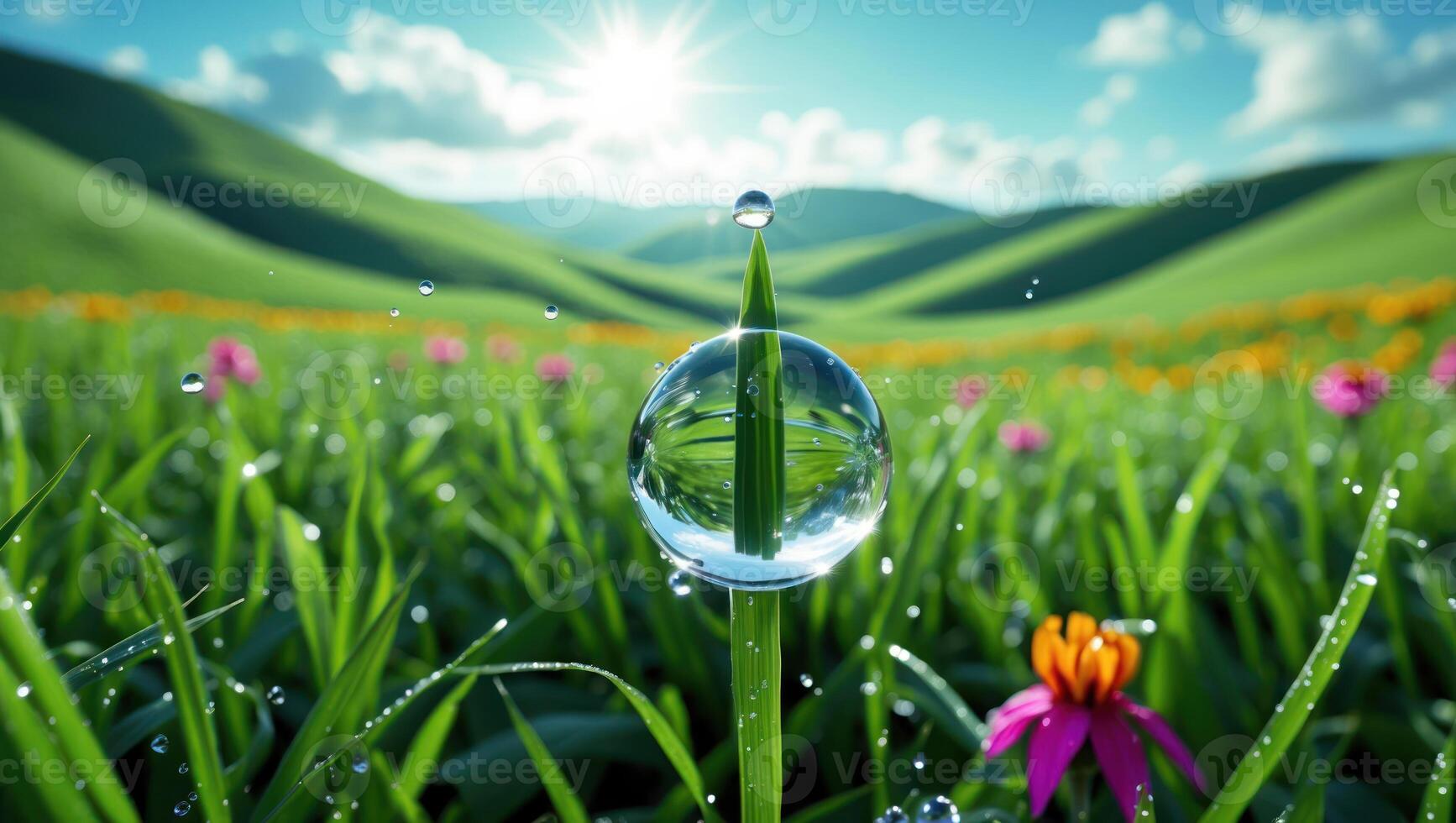 Water Drop on Grass Blade Reflecting Meadow on Sunny Day photo