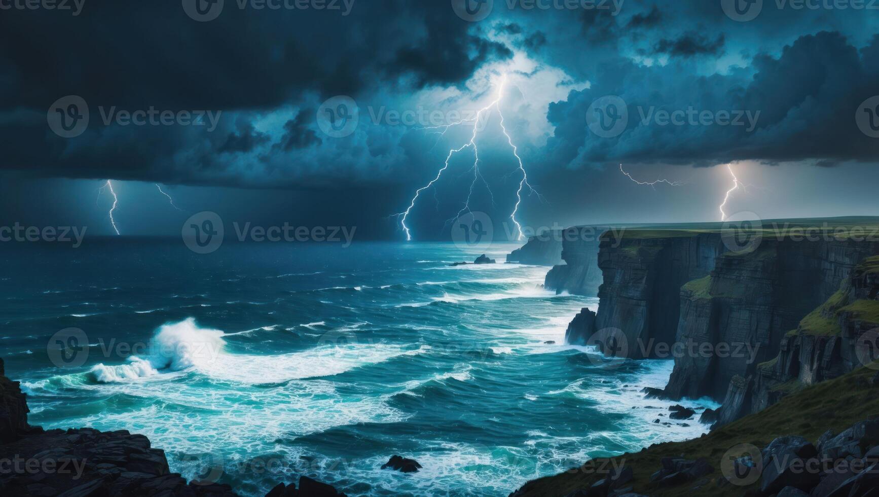Dramatic Seascape View of Lightning Storm Over Cliffs and Ocean Waves photo