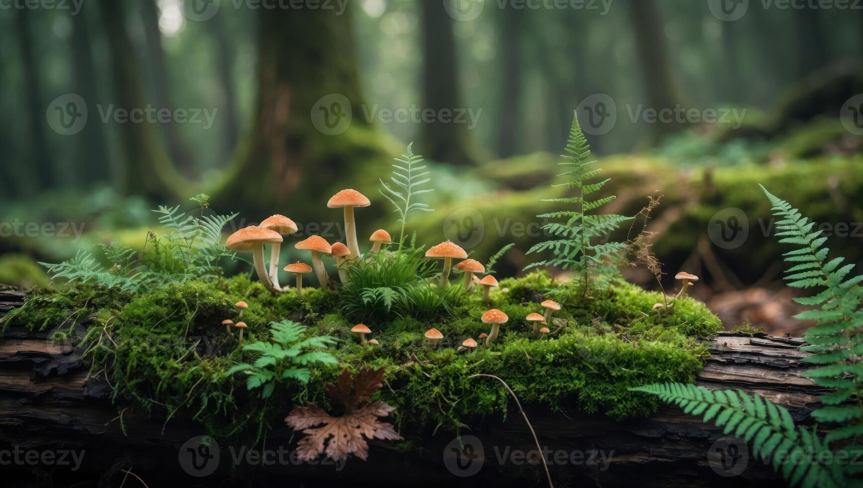Mushrooms and Ferns Growing on Mossy Log in Forest Setting photo