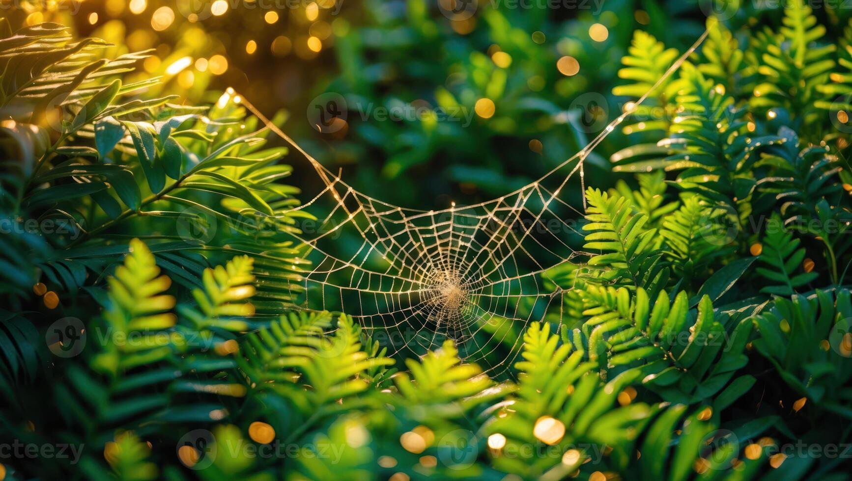 Spiderweb Hanging Among Green Ferns and Foliage in a Bright Forest photo