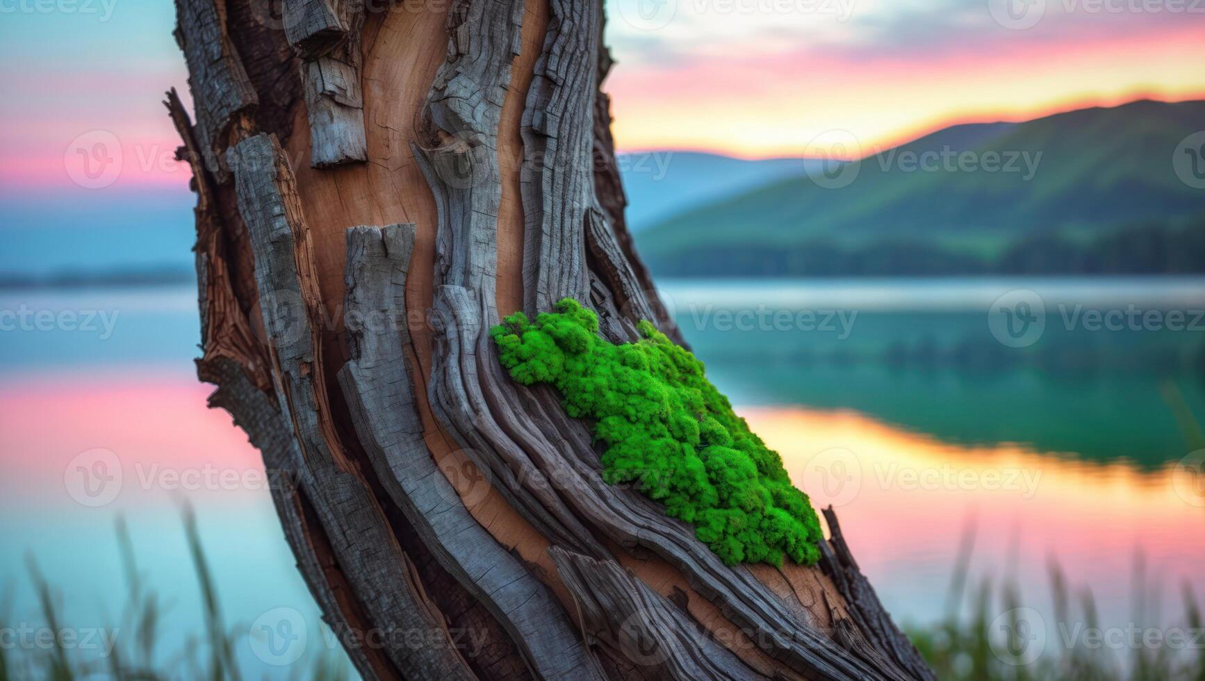 Mossy Tree by Calm Lake Reflecting Sunset Colors in Nature photo