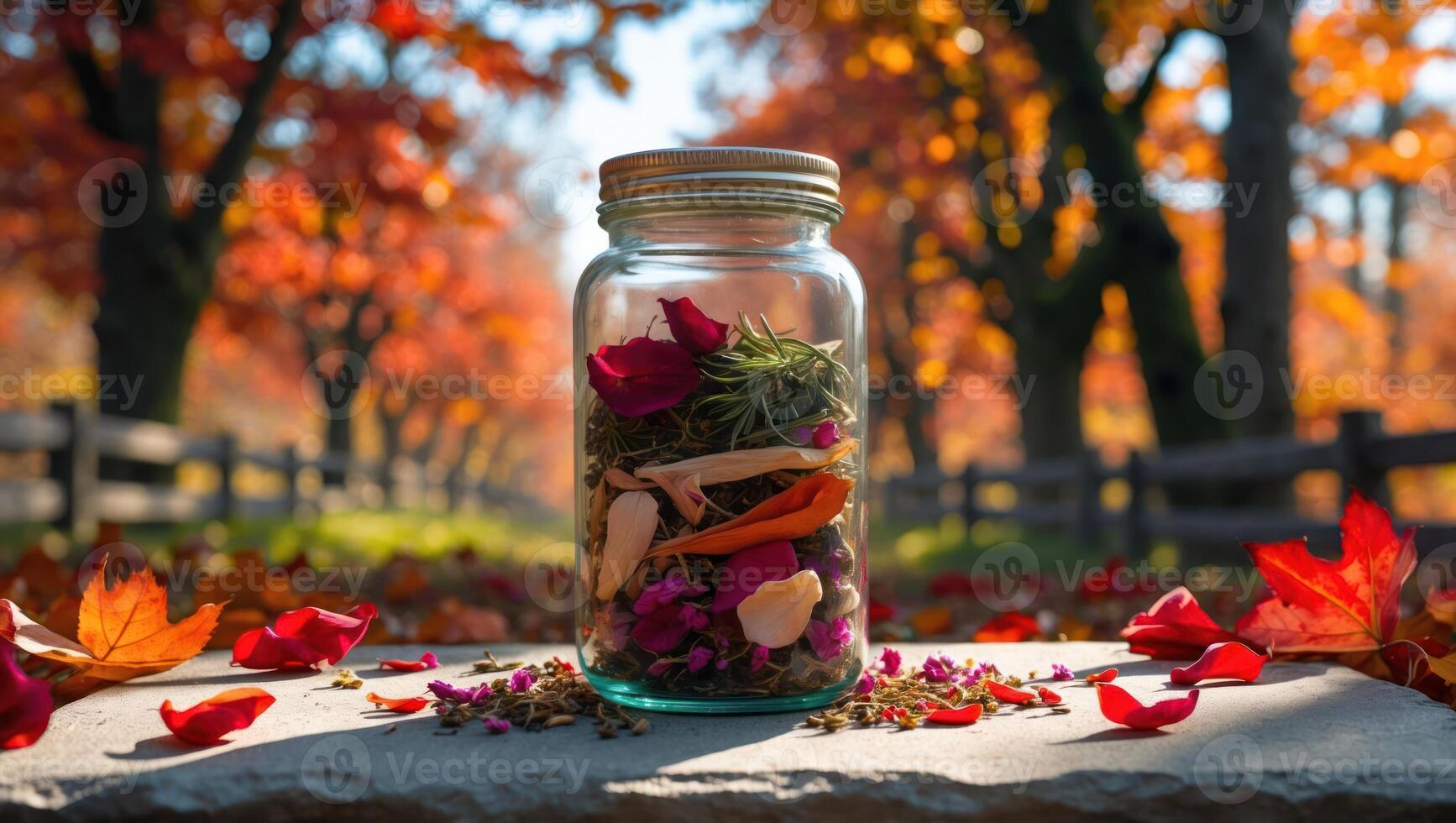 Glass Jar with Fall Flowers and Leaves Autumn Outdoor Display photo