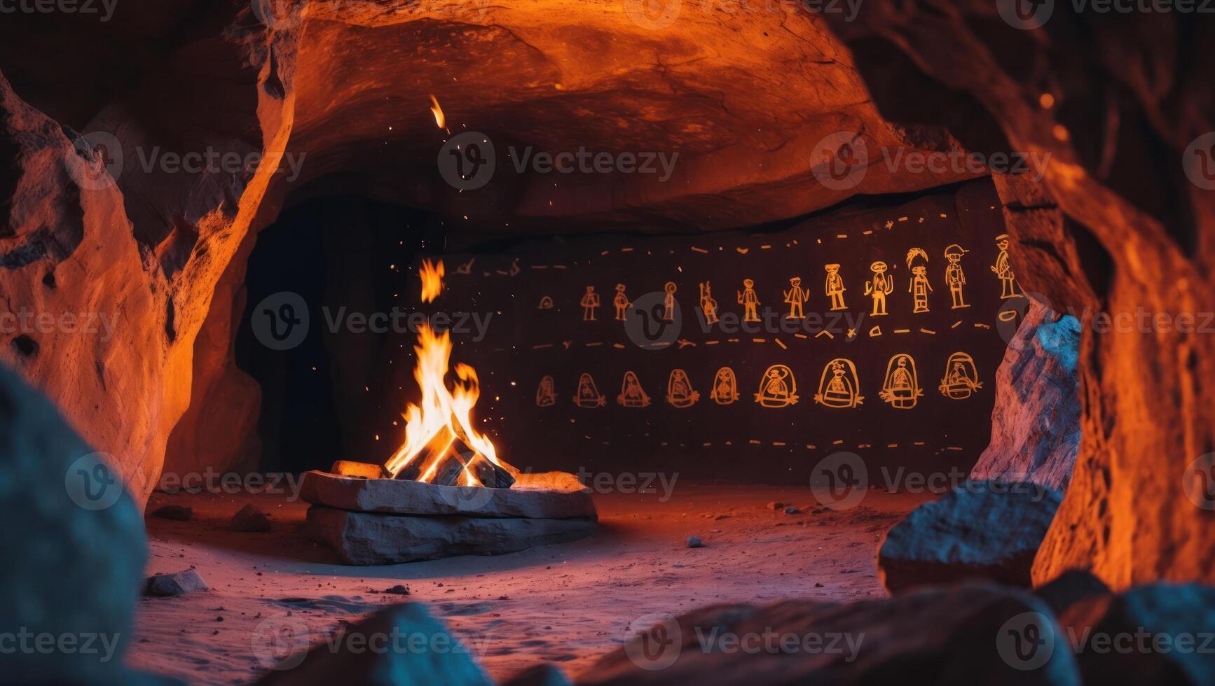 Campfire Burning Inside Cave with Petroglyphs on Walls photo