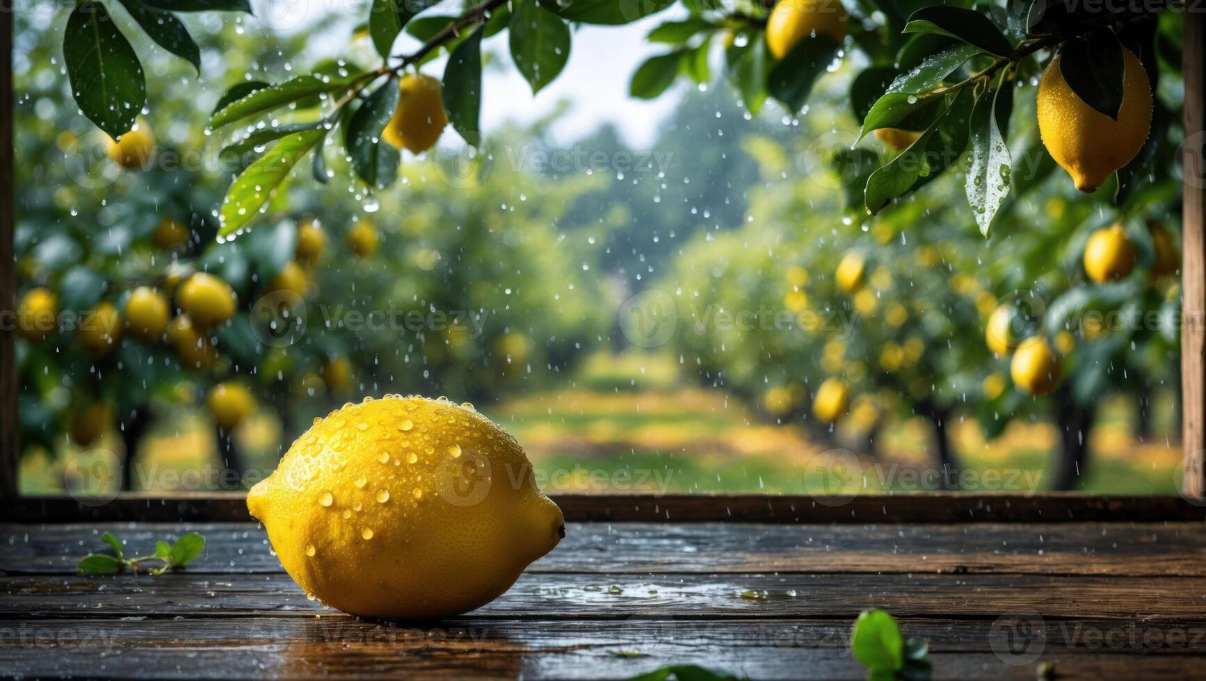 Lemon on Wooden Surface with Lemon Orchard Background During Rainfall photo