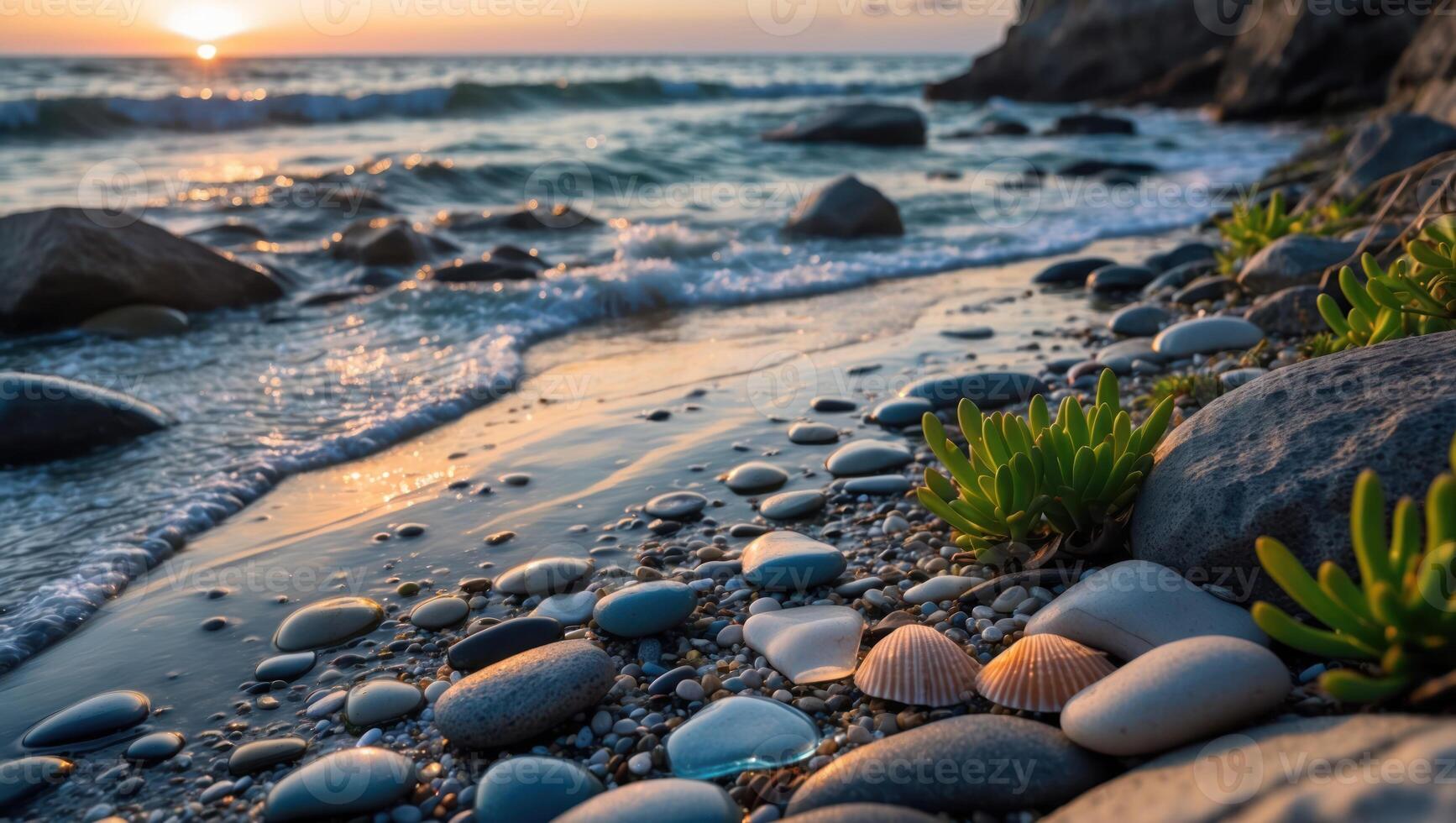 Sunset at the Beach with Waves, Pebbles, and Sea Shells photo