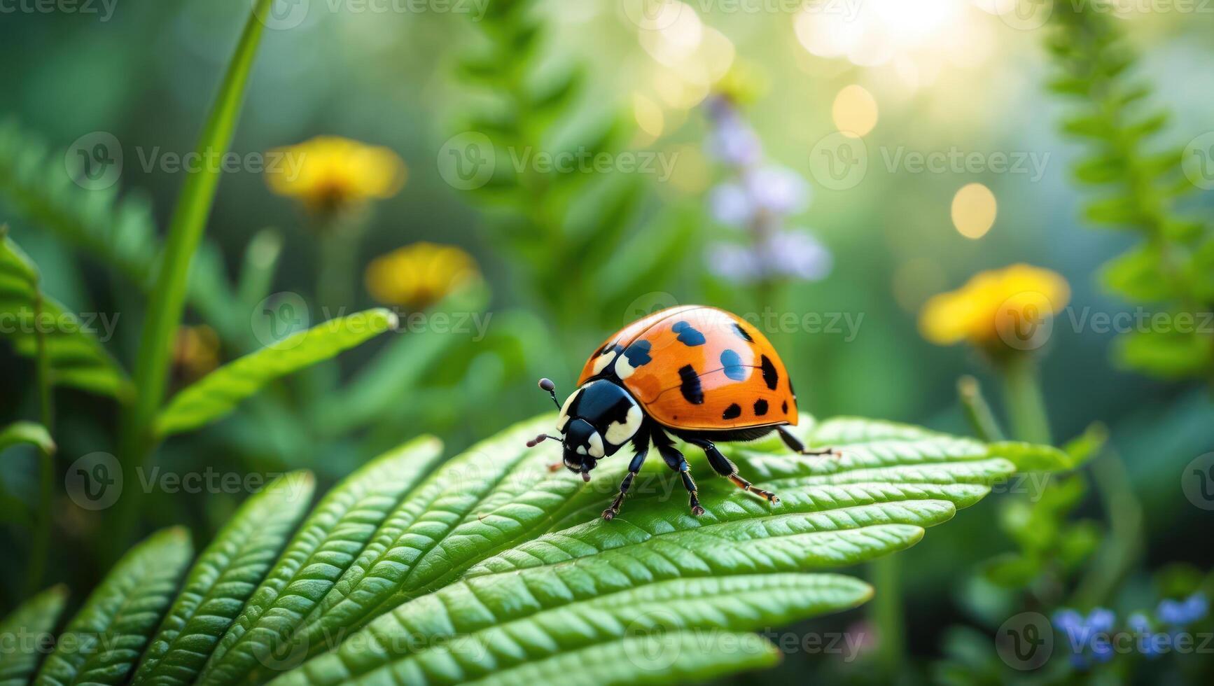 Ladybug Walking on Green Leaf in a Natural Garden Setting photo