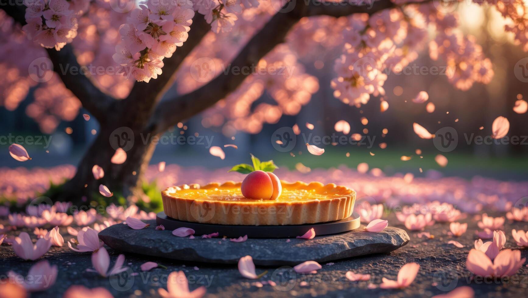 Peach Tart Under Cherry Blossom Tree with Falling Petals in Springtime photo
