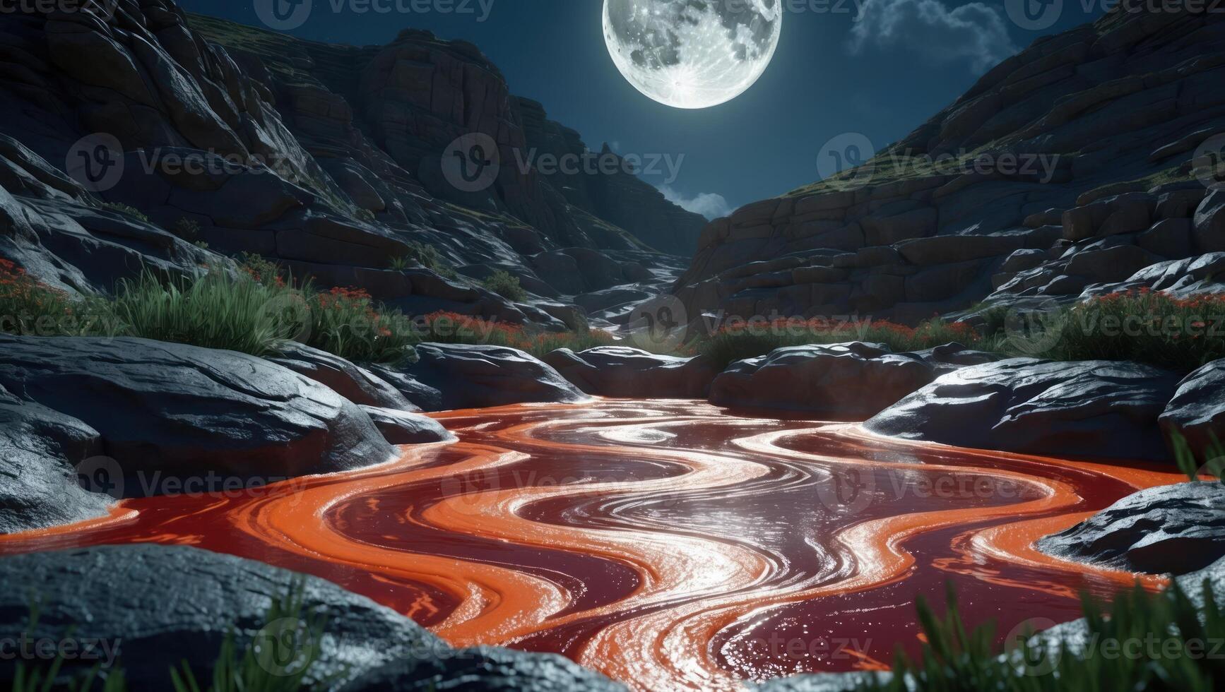 River Flowing Through Rocky Landscape Under Bright Moon at Night photo