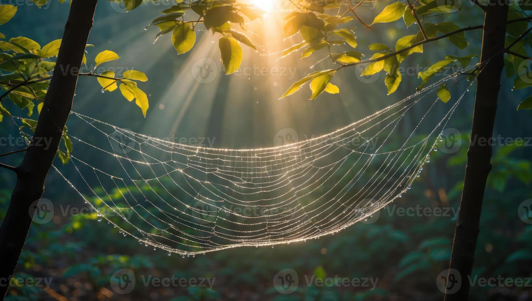 Sunlit Spiderweb Weaving Between Trees in Forest with Glowing Light photo