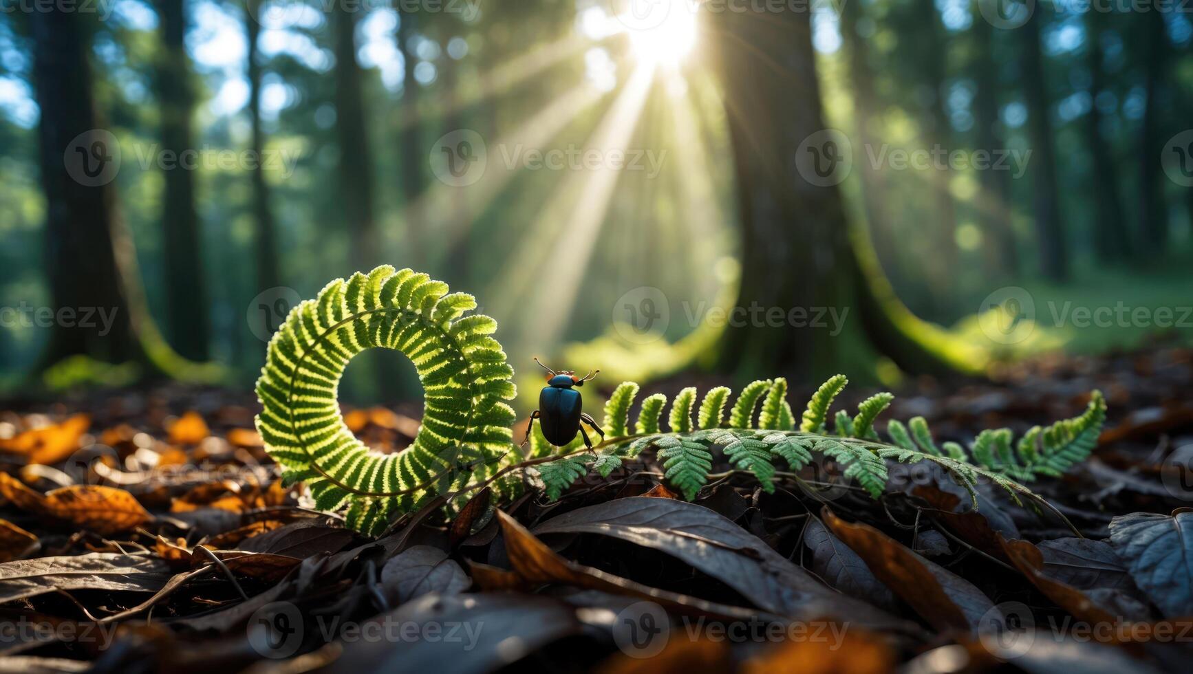 Beetle on Fern Frond Forest Floor Illuminated by Sunlight photo