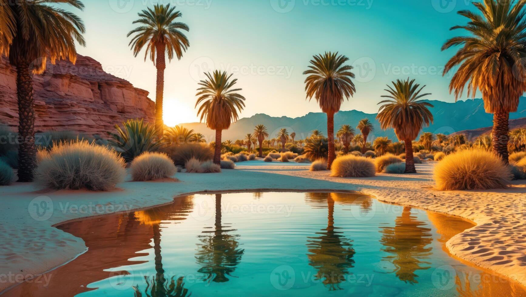 Palm Trees Reflecting in Desert Oasis Pool Under a Warm Sky photo