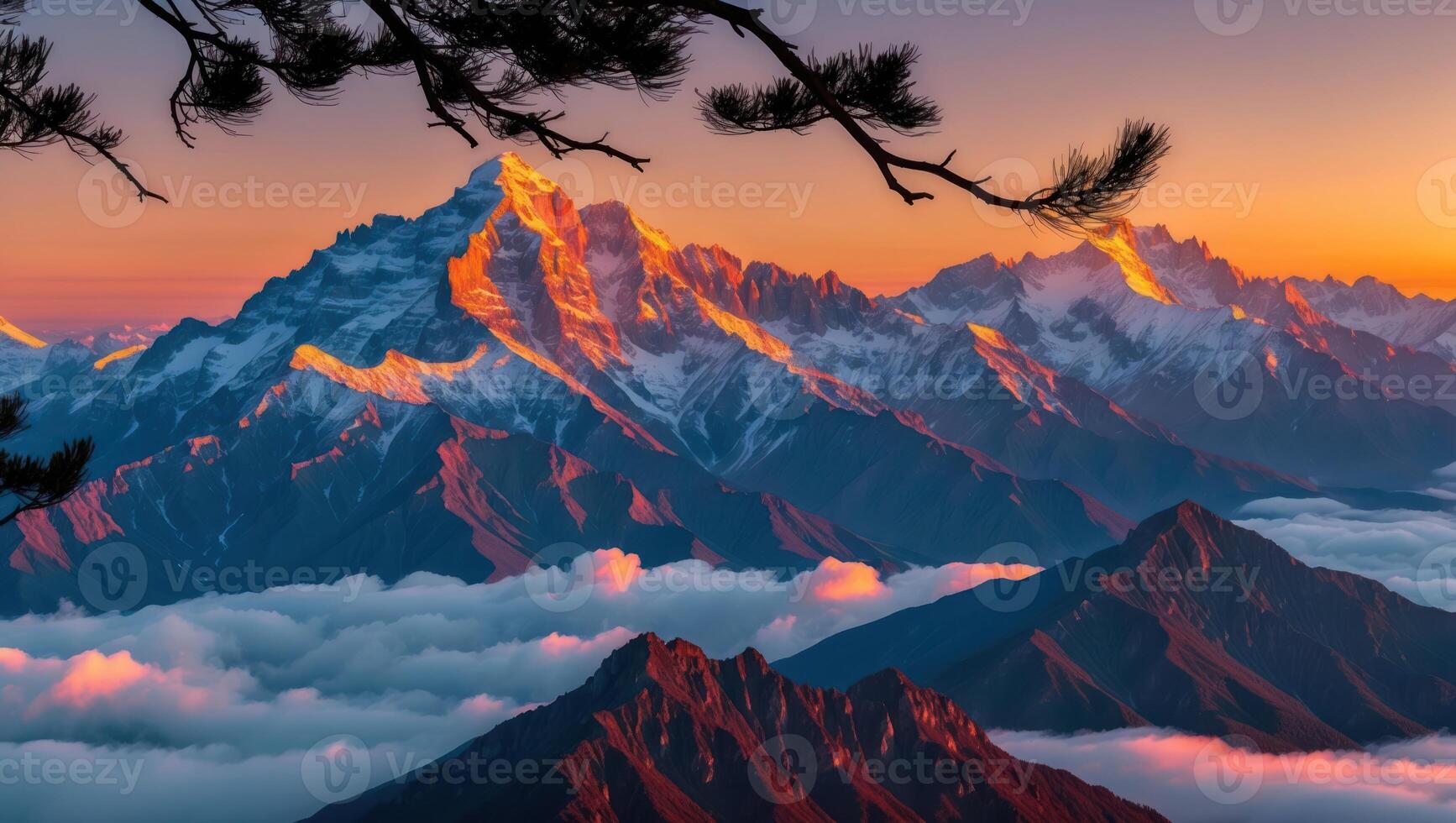 Snowy Mountain Peaks at Sunset Above Clouds with Silhouetted Branch photo